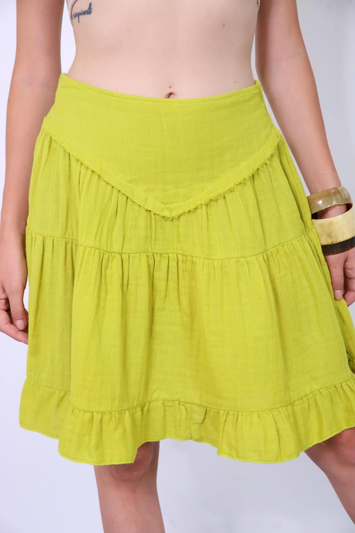  Fıstık Yeşili Asimetrik Püsküllü Müslin Etek