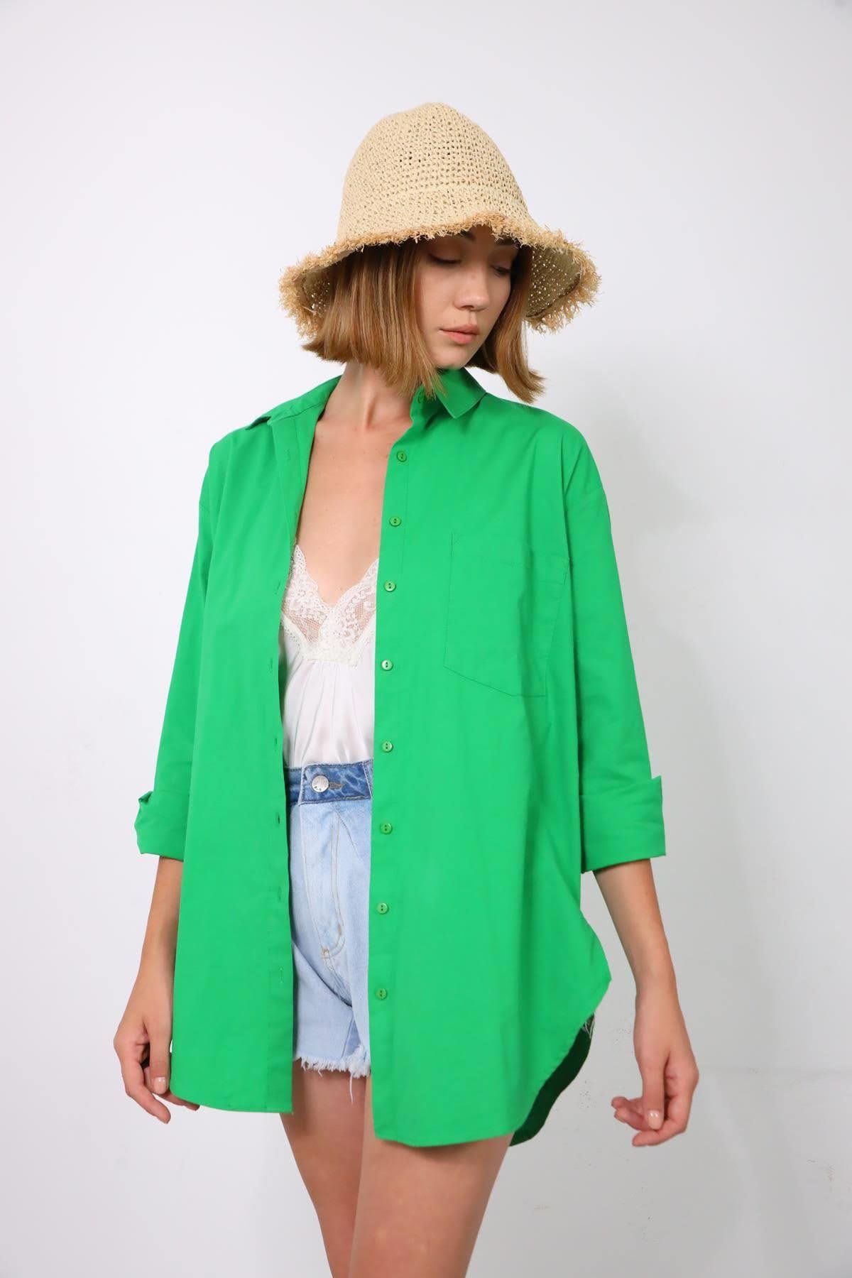Green Single Pocket Round Cut Long Back Shirt - Saman Butik | Shop Online Green Single Pocket Round Cut Long Back Shirt