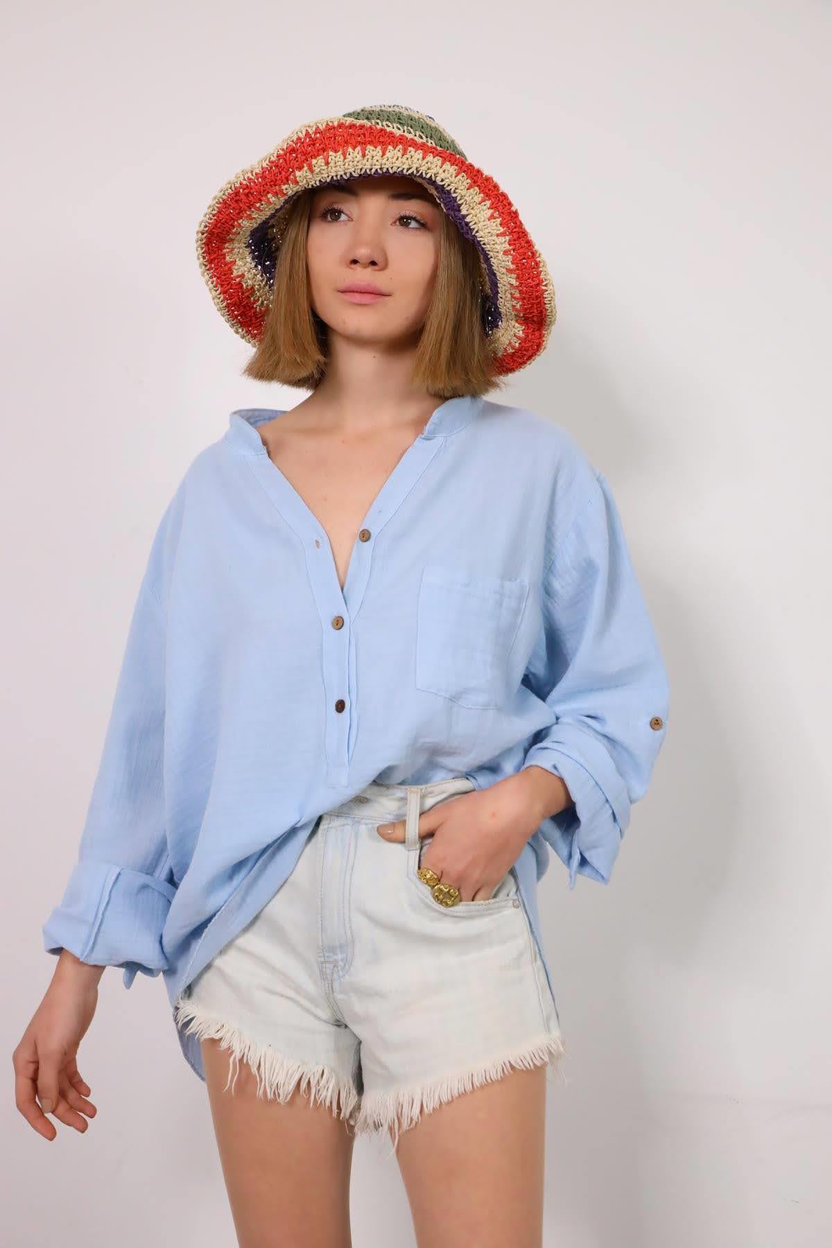 Bebek Mavisi Hakim Yaka Üç Düğmeli Müslin Gömlek - Şaman Butik Bebek Mavisi Hakim Yaka Üç Düğmeli Müslin Gömlek