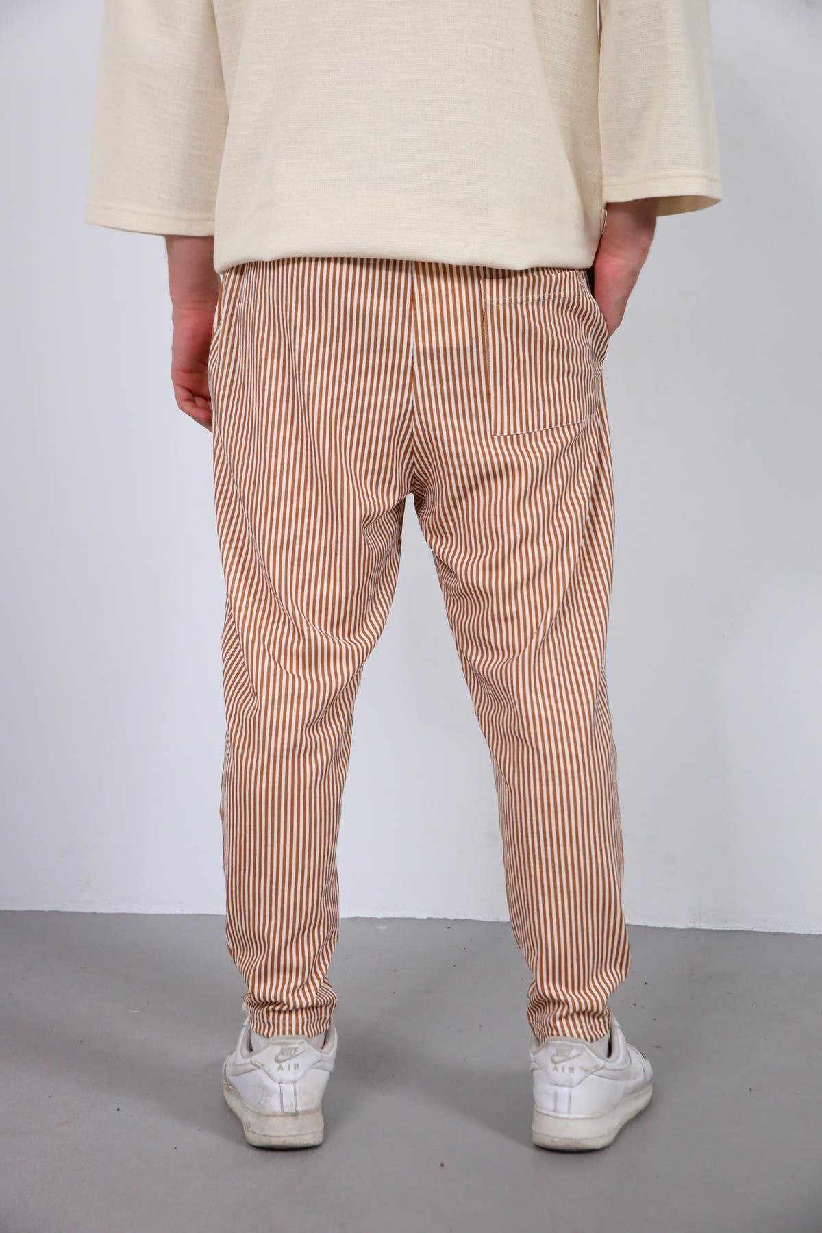  Tarçın Rengi Çizgili Dar Paça Erkek Pantolon