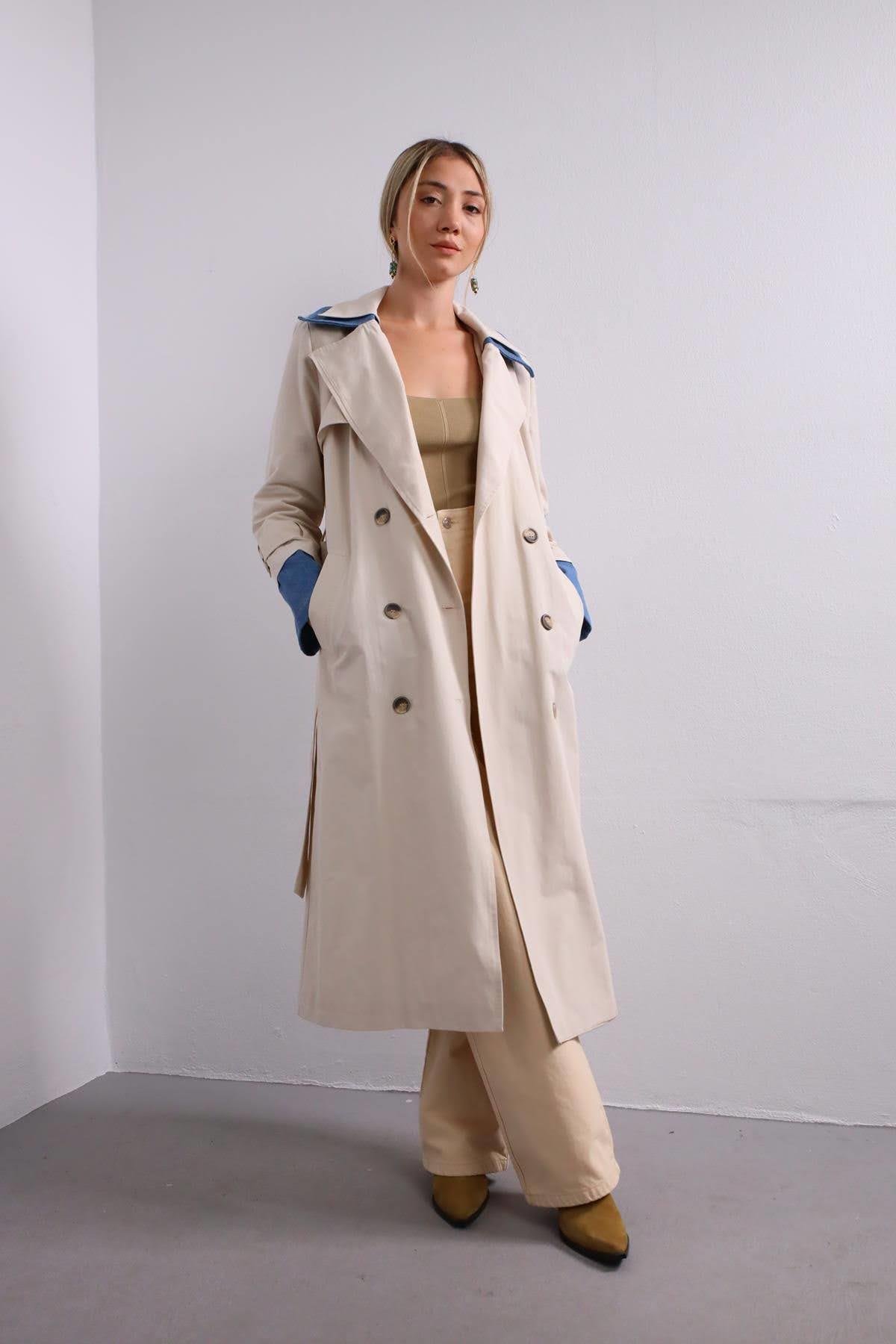  Taş Rengi Denim Parça Detaylı Trençkot