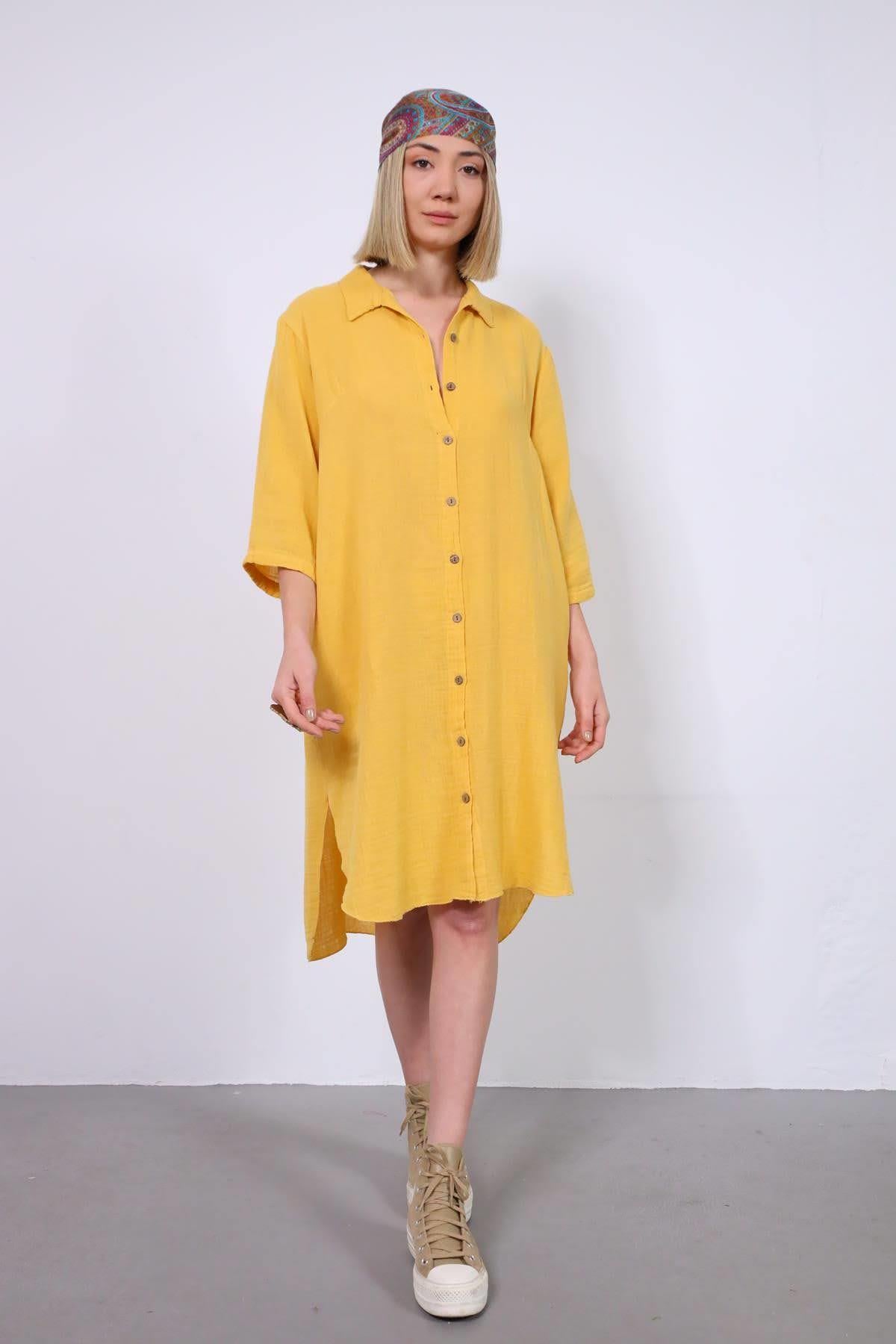  Sarı Apoletli Müslin Gömlek Elbise