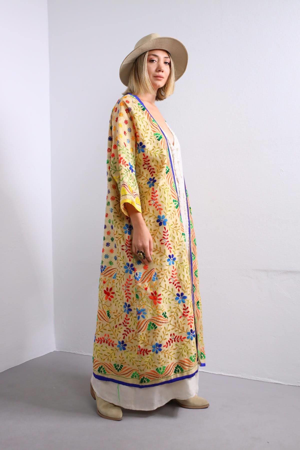 Hardal Rengi İşlemeli Bohem Kaftan - Şaman Butik Hardal Rengi İşlemeli Bohem Kaftan