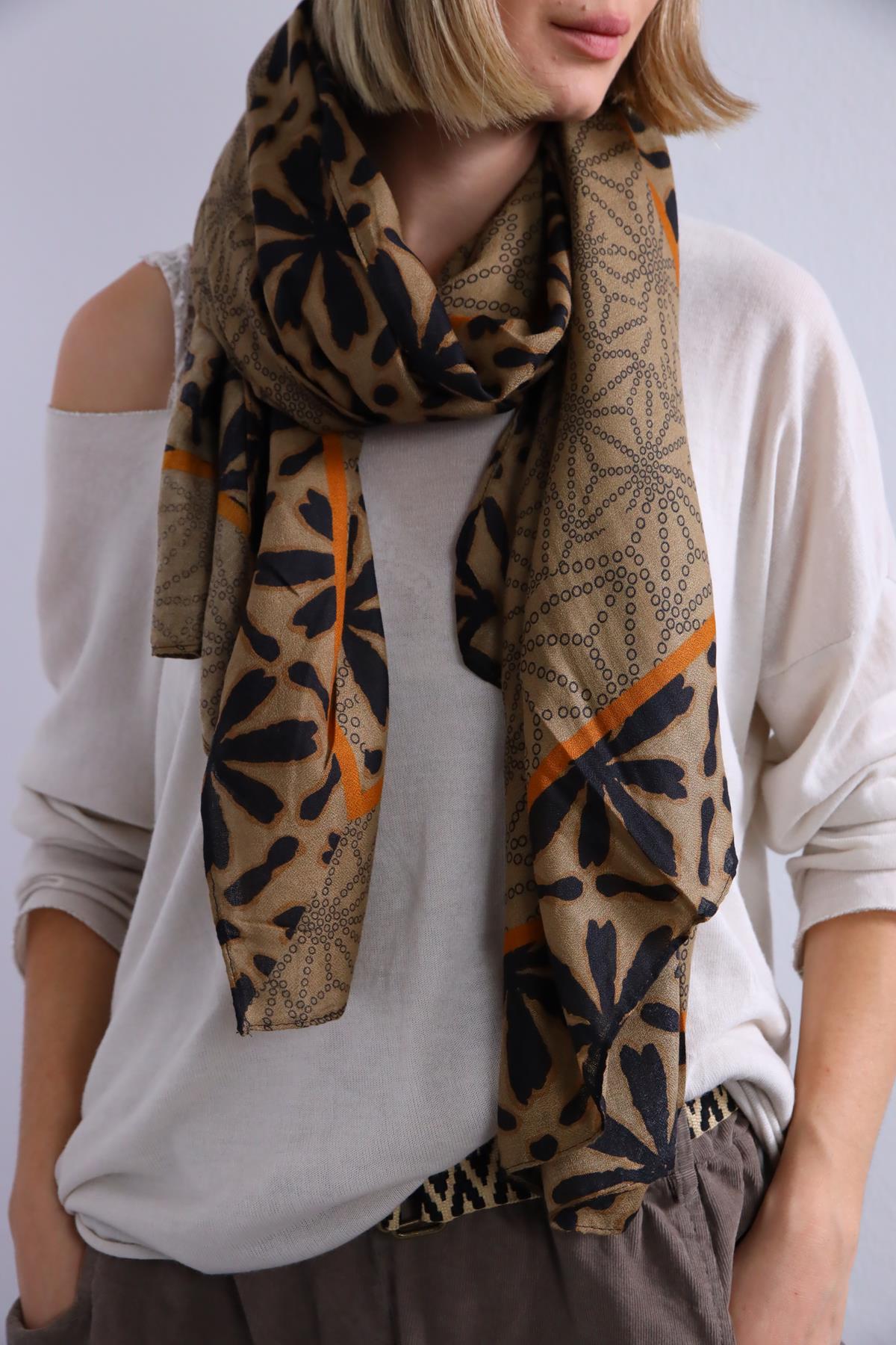 Açık Kahverengi Desenli Otantik Şal - Şaman Butik Açık Kahverengi Desenli Otantik Şal