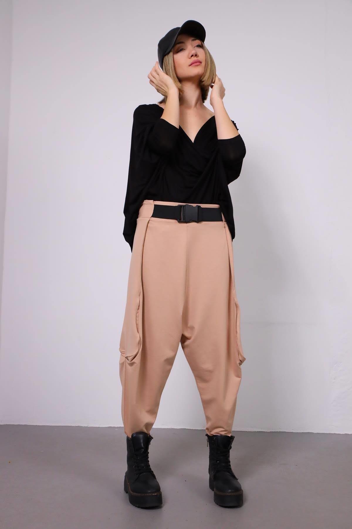 Beige Belted Drop Crotch Trousers - Saman Butik | Shop Online Beige Belted Drop Crotch Trousers