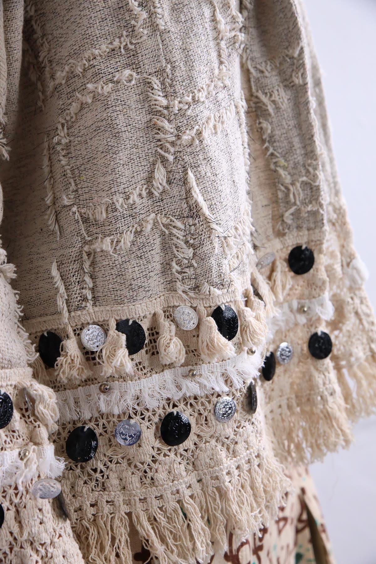 Krem Rengi Simli Saçaklı Kısa Etnik Ceket - Şaman Butik Krem Rengi Simli Saçaklı Kısa Etnik Ceket