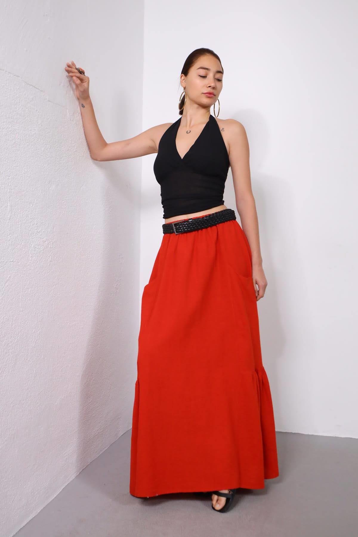  Kırmızı Keten Cepli Pileli Etek