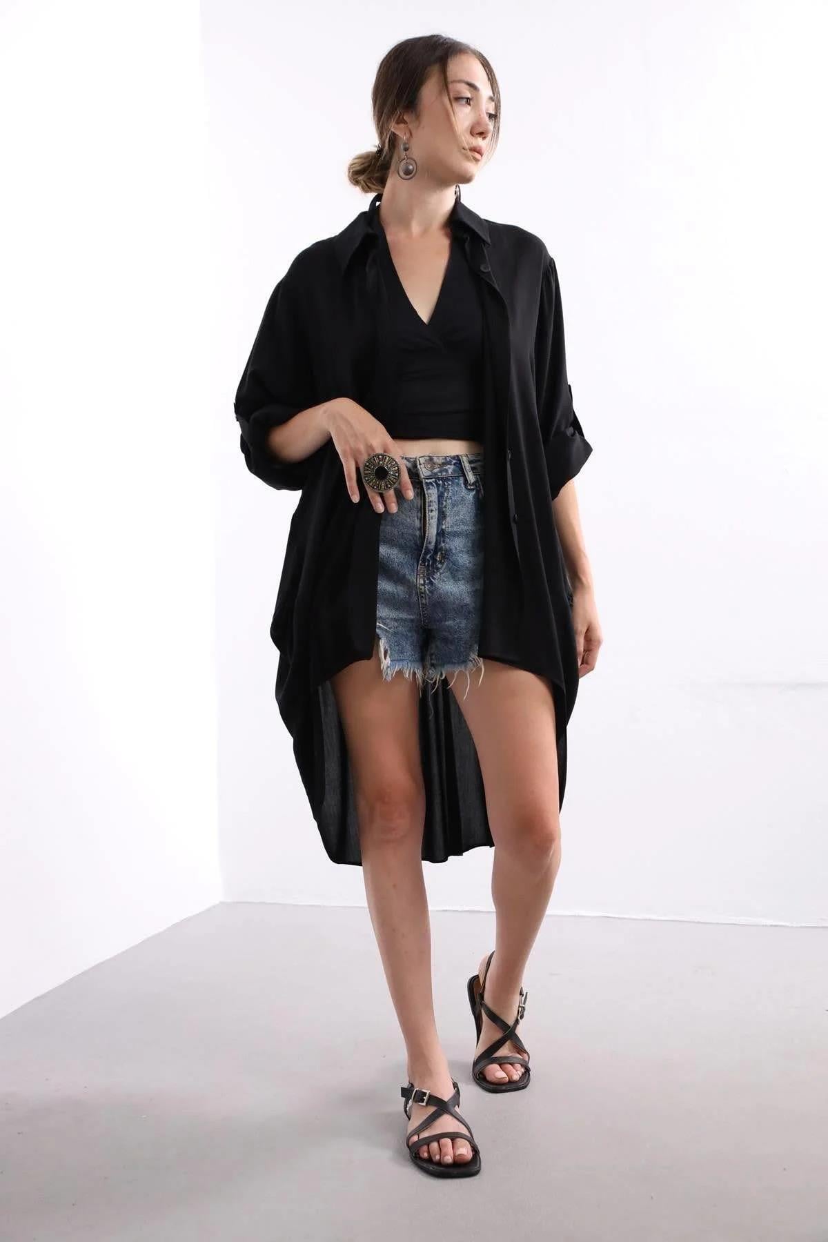 Black Long Back Shirt - Şaman Butik | Shop Online Black Long Back Shirt