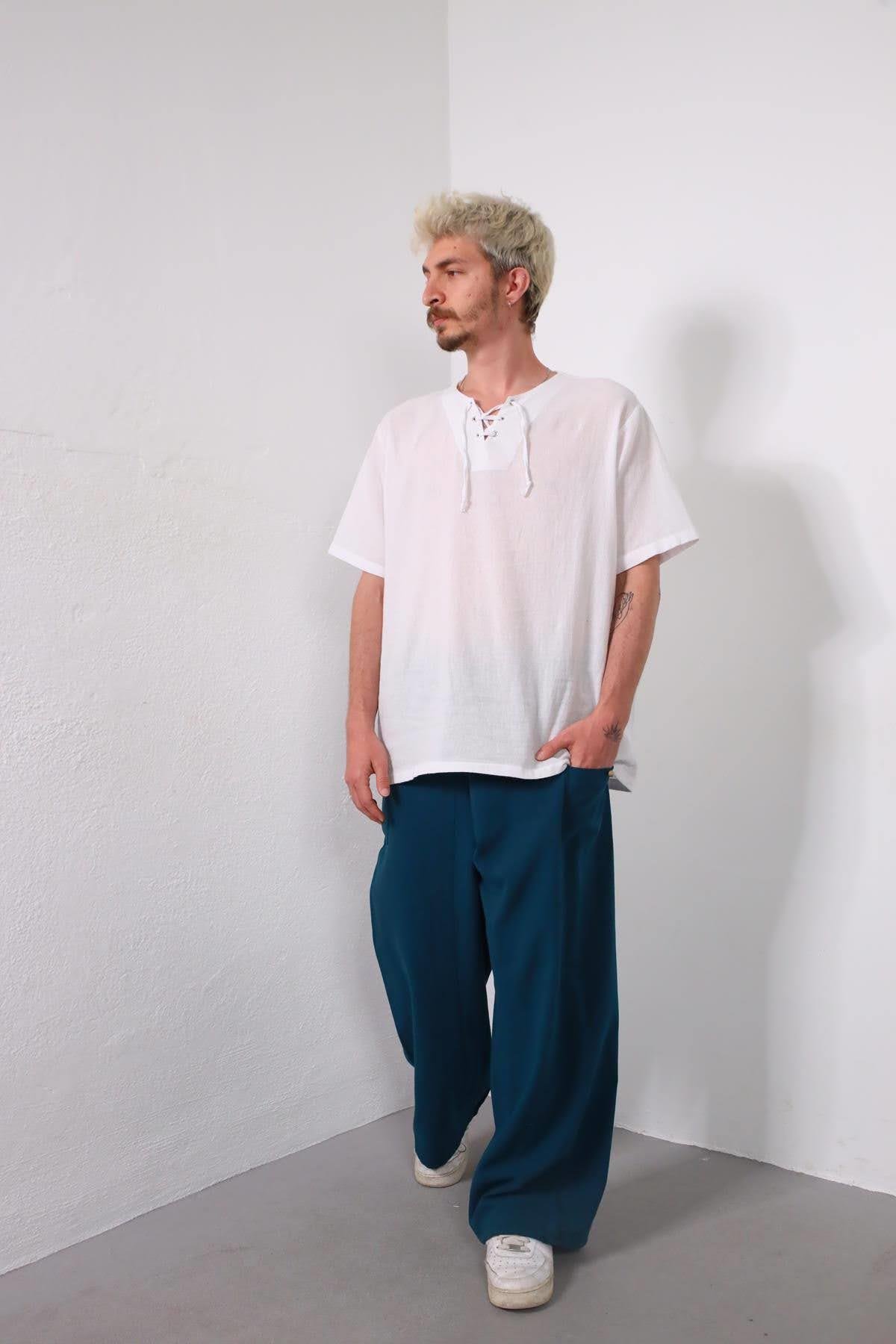  Petrol Mavisi Beli Desenli Balıkçı Pantolon