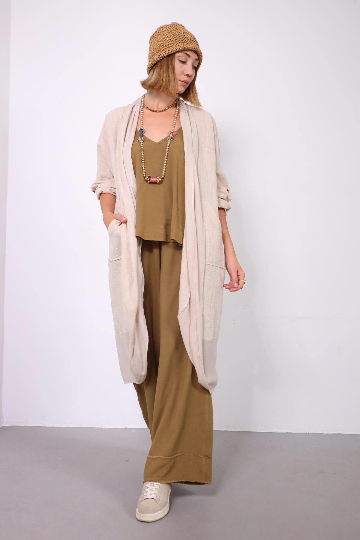  Krem Rengi Garnili Şal Yaka Cepli Kısa Kaftan