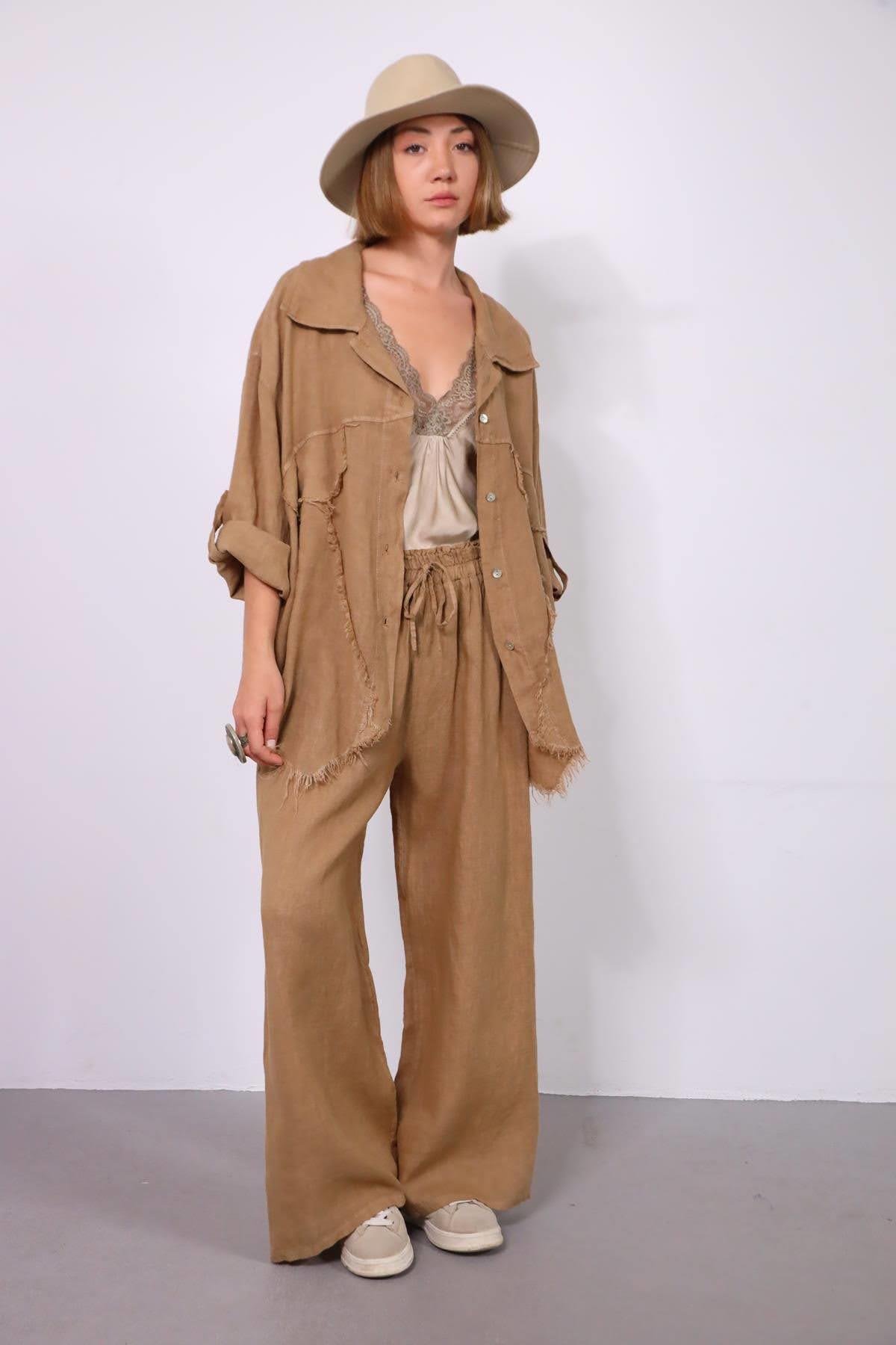  Camel Rengi Püsküllü Dikiş Detaylı Gömlek Pantolon Keten Takım