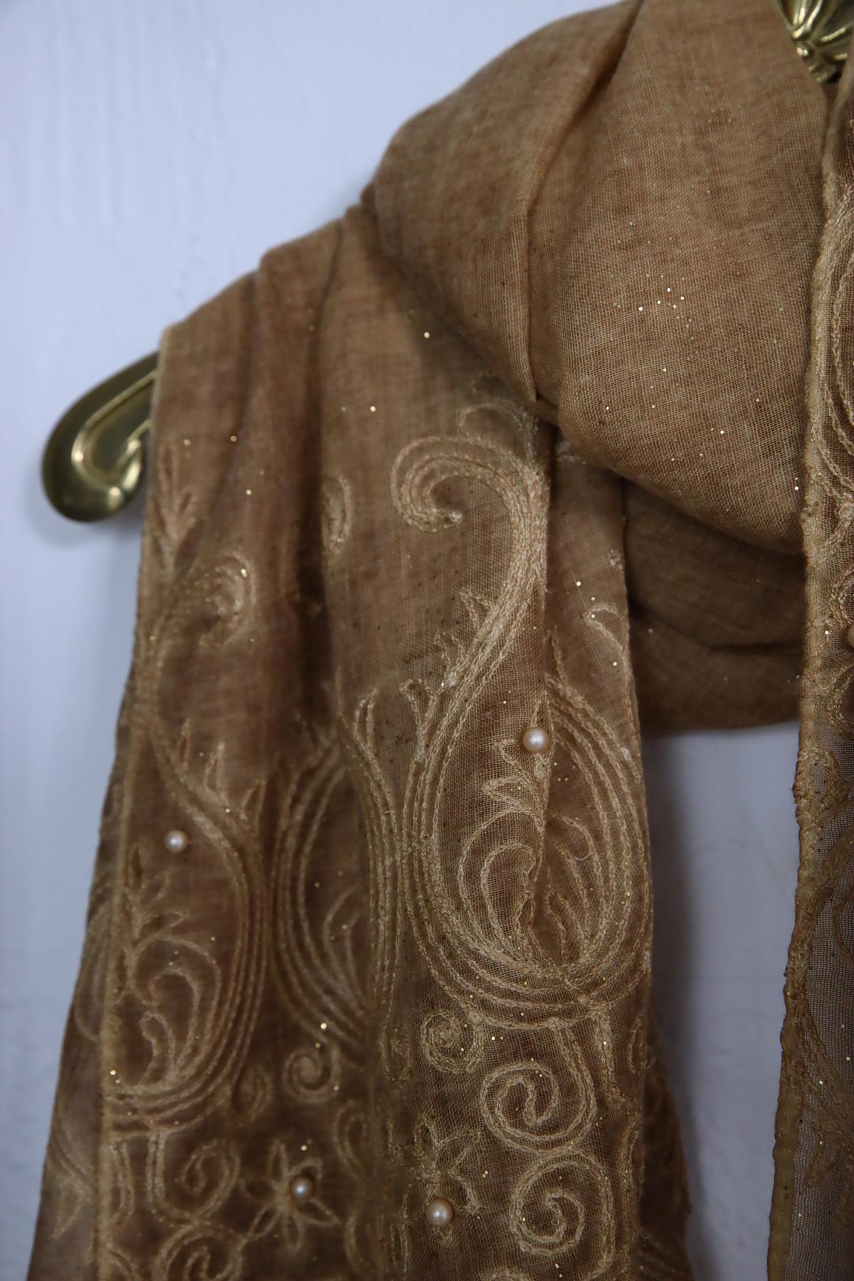 Camel Rengi Simli İnci İşlemeli Şal - Şaman Butik Camel Rengi Simli İnci İşlemeli Şal