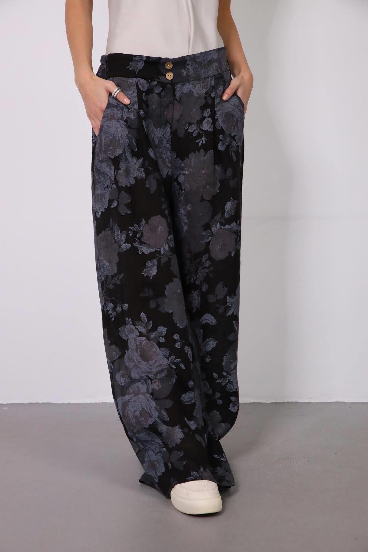  Siyah Çiçek Desenli Beli Lastikli Keten Pantolon