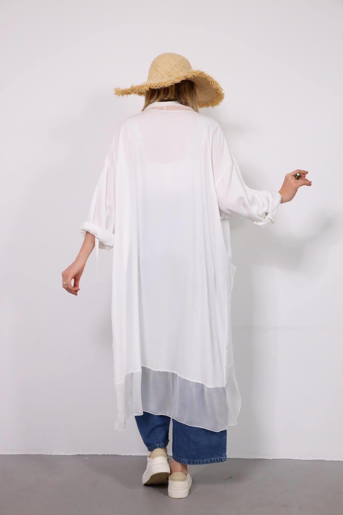 White Silk Detailed Caftan with Pocket - Saman Butik | Shop Online White Silk Detailed Caftan with Pocket