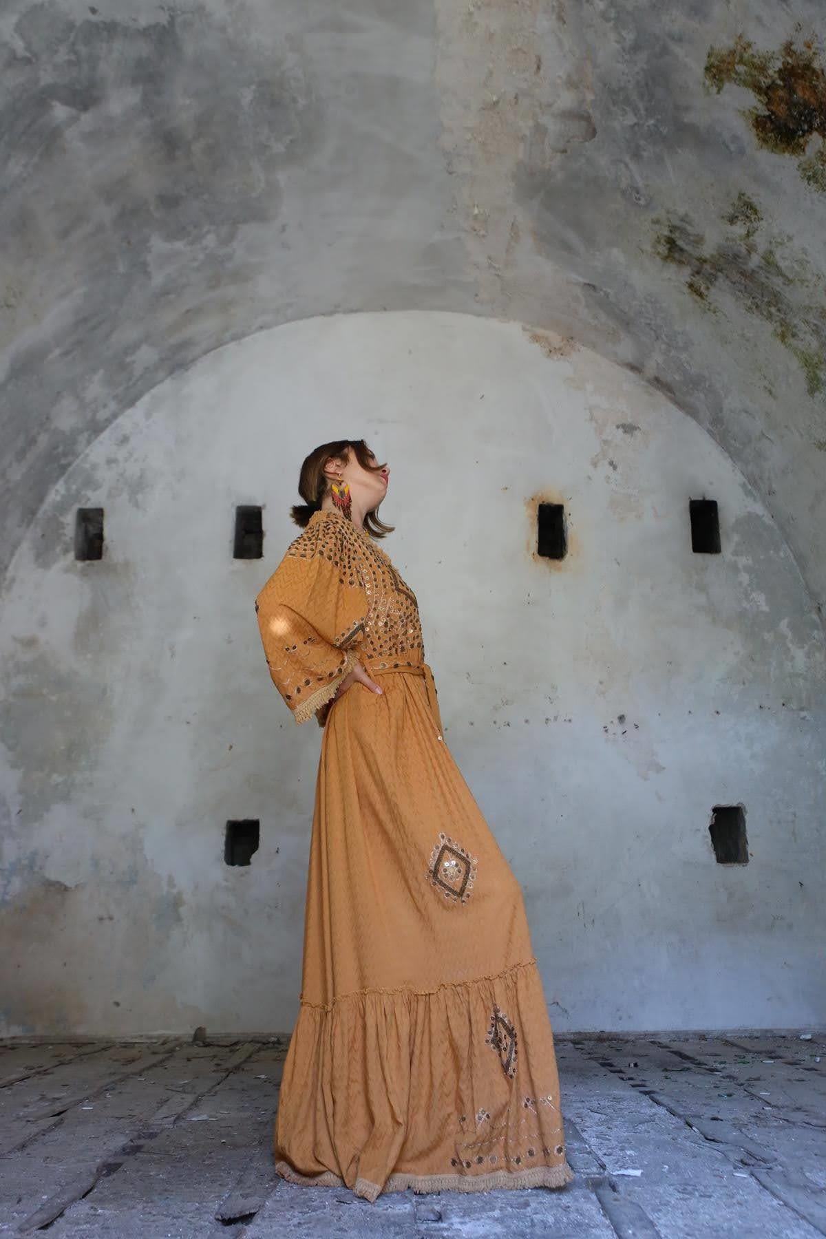 Camel Self-Patterned Embroidered Authentic Dress - Saman Butik | Shop Online Camel Self-Patterned Embroidered Authentic Dress