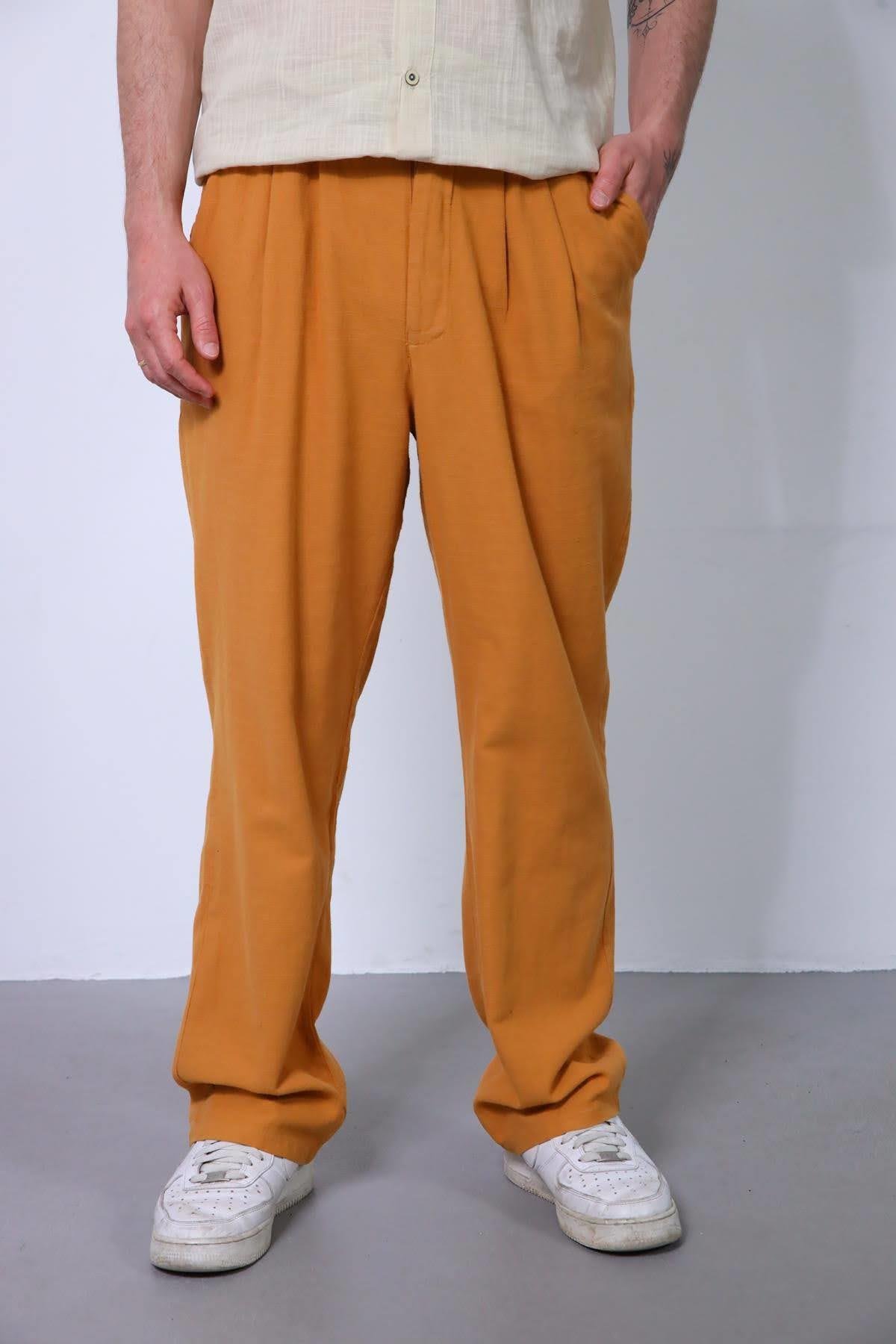  Hardal Rengi Beli Lastikli Pileli Pantolon