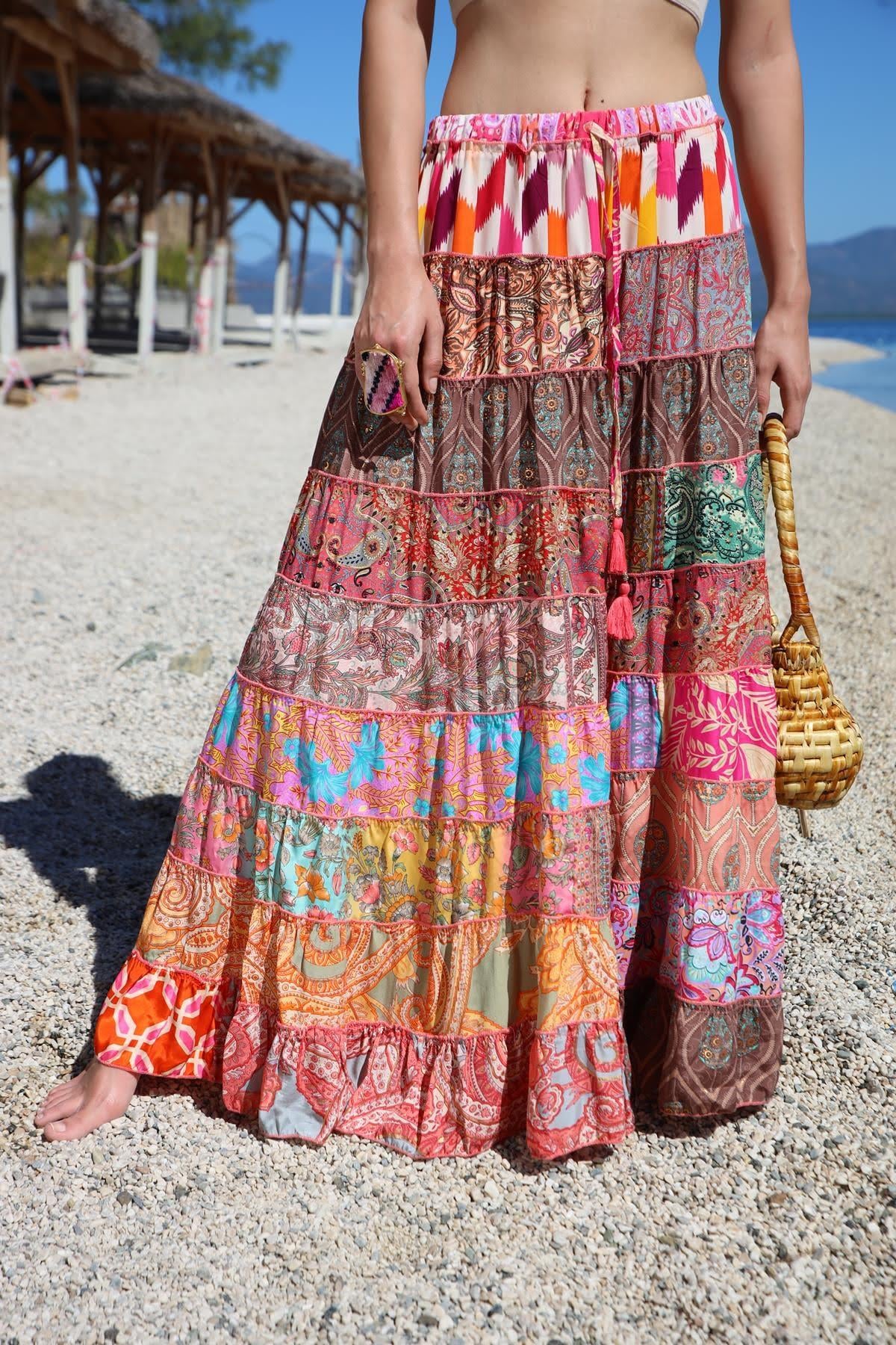  Renkli Patchwork Otantik İpek Etek