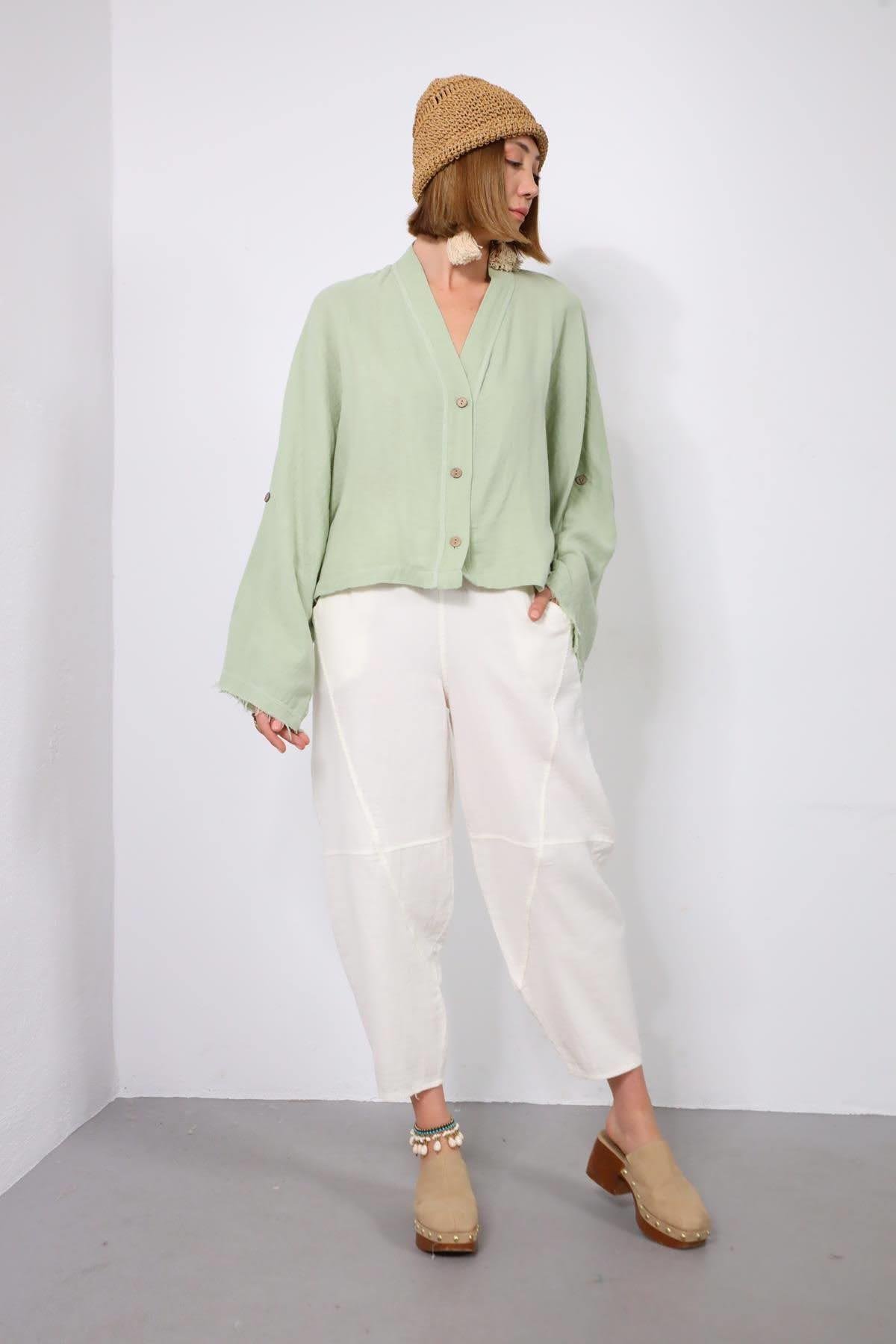  Mint Yeşili Yarasa Kol Püsküllü Sırt Detaylı Gömlek