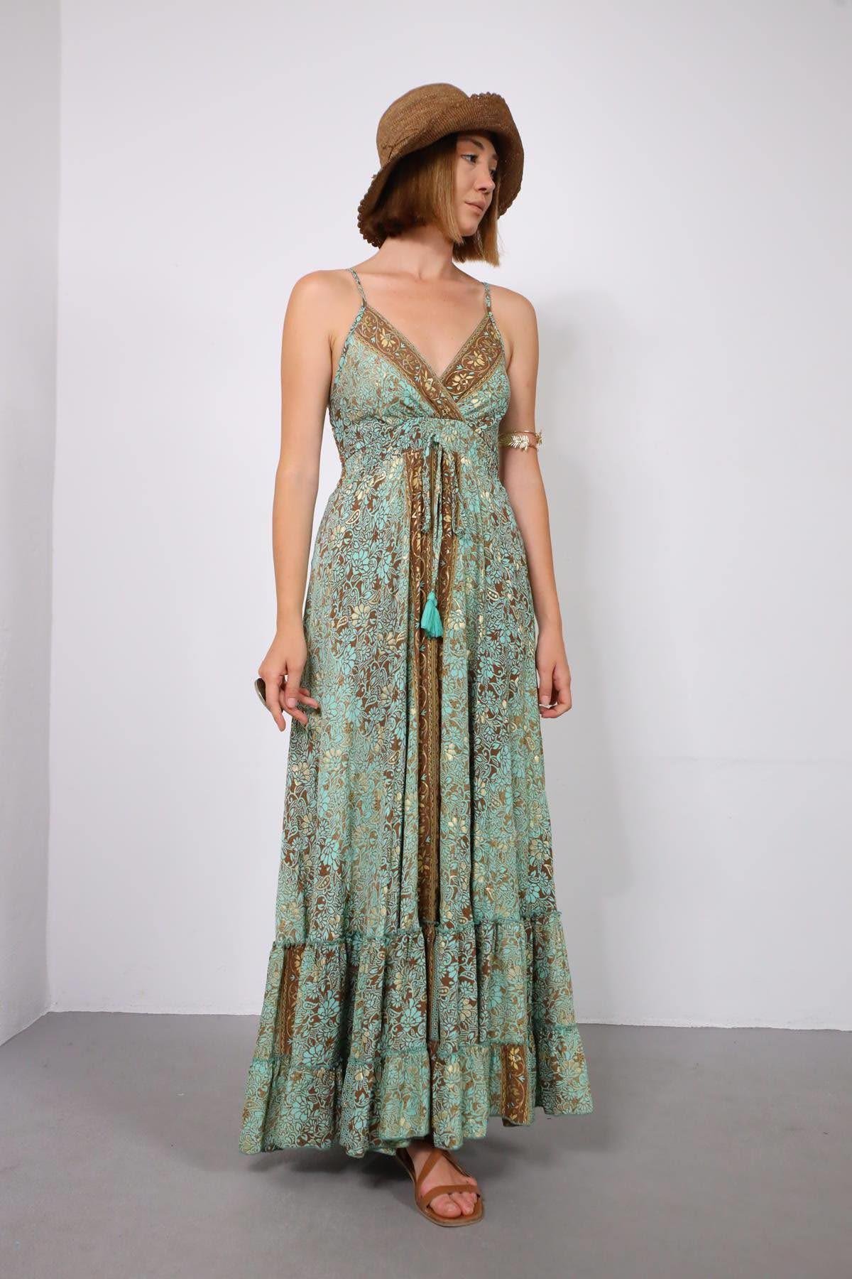 Mint Yeşili Gold Detaylı Sırtı Gipeli İp Askılı İpek Elbise - Şaman Butik Mint Yeşili Gold Detaylı Sırtı Gipeli İp Askılı İpek Elbise