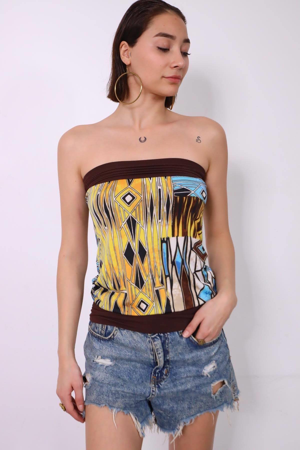  Kahverengi Desenli Straplez Bluz