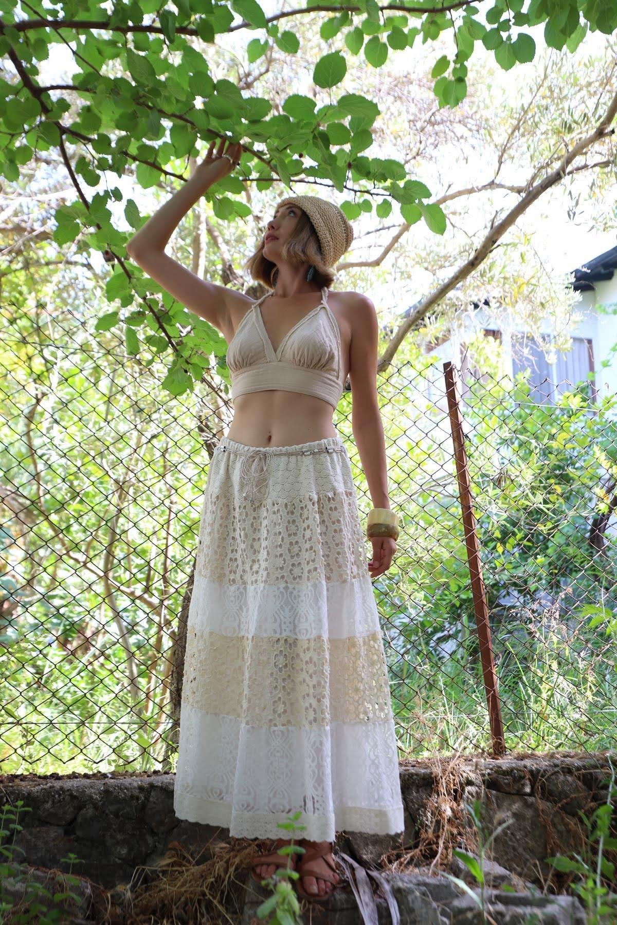  Krem Rengi Kemer Detaylı Otantik Beli Lastikli Dantel Etek