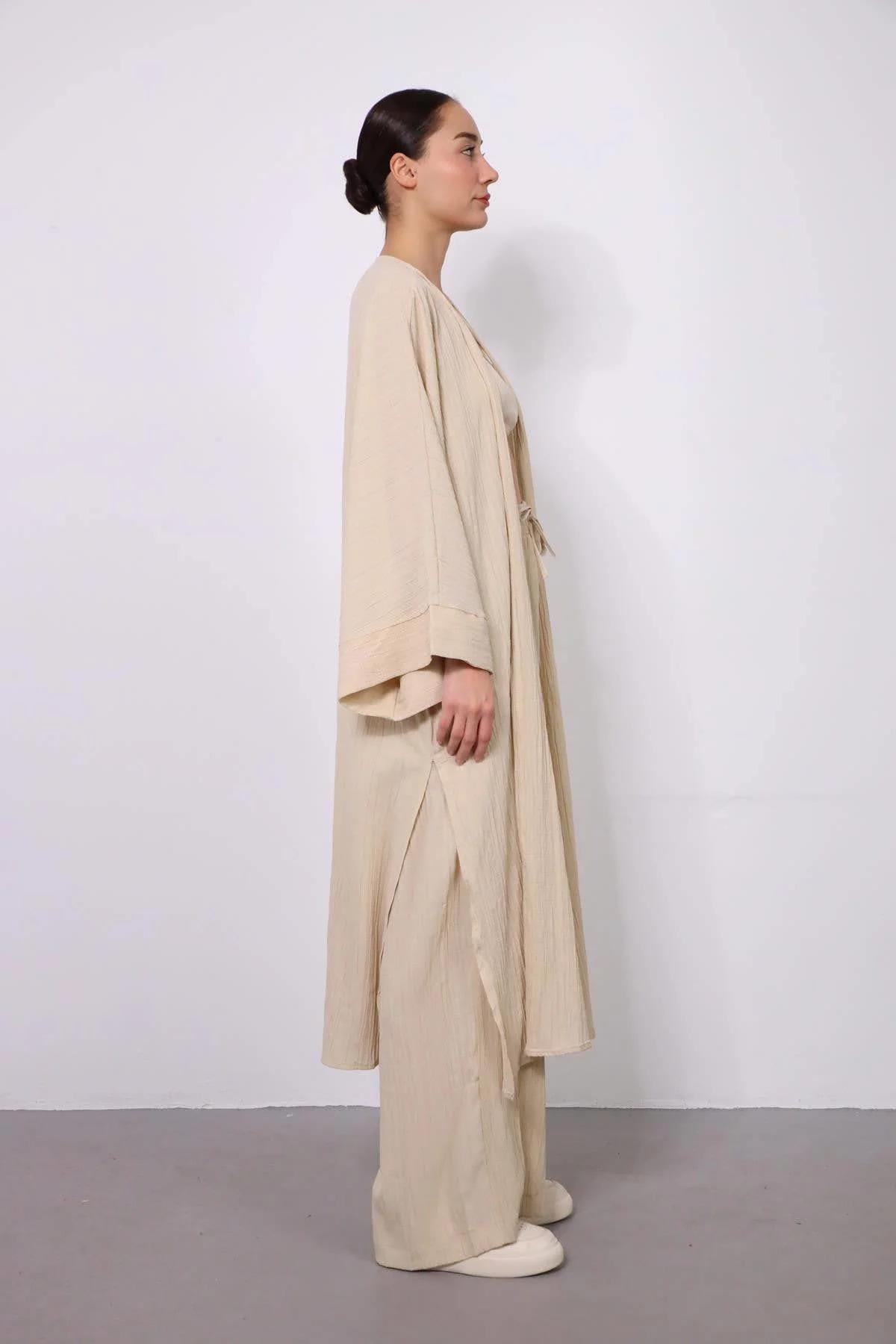 Cream Seersucker Long Kimono Pair - Saman Butik | Shop Online Cream Seersucker Long Kimono Pair