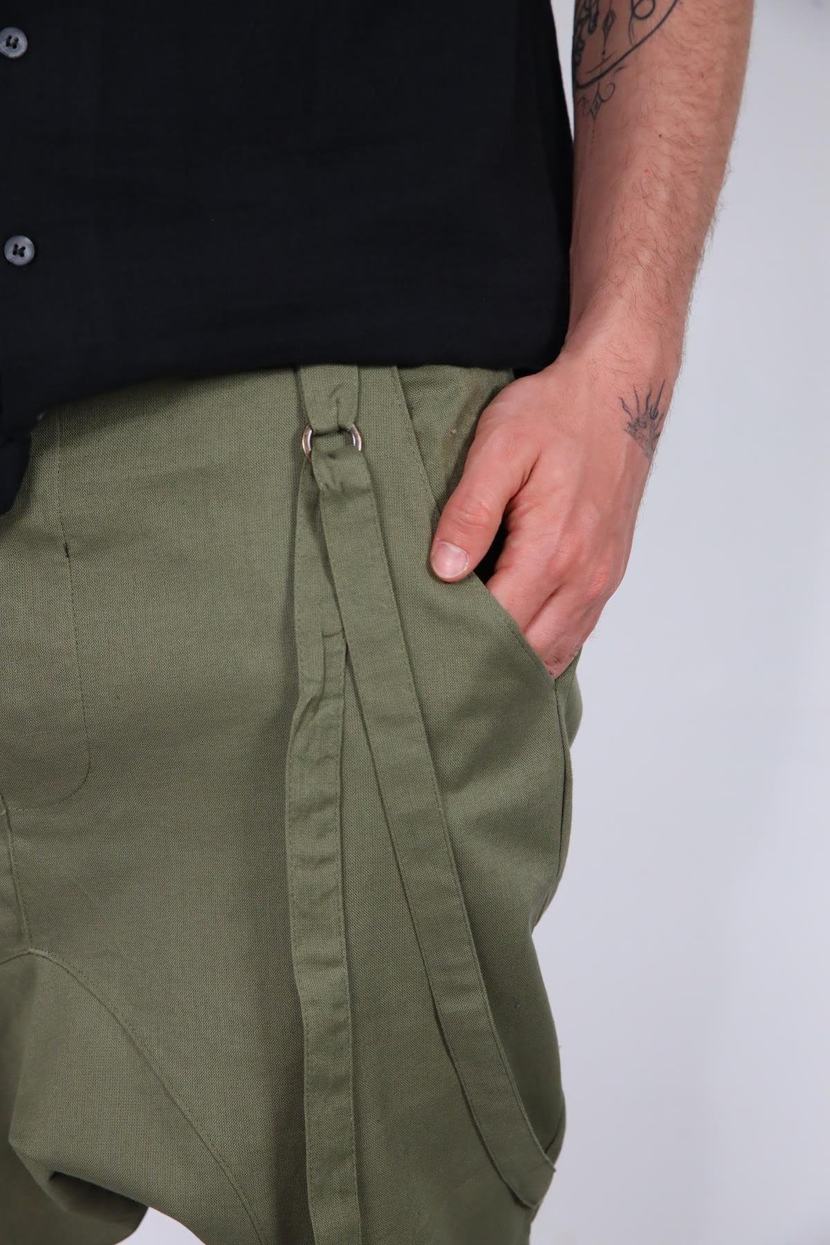  Haki Düz Paça Kordon Detaylı Şalvar Pantolon