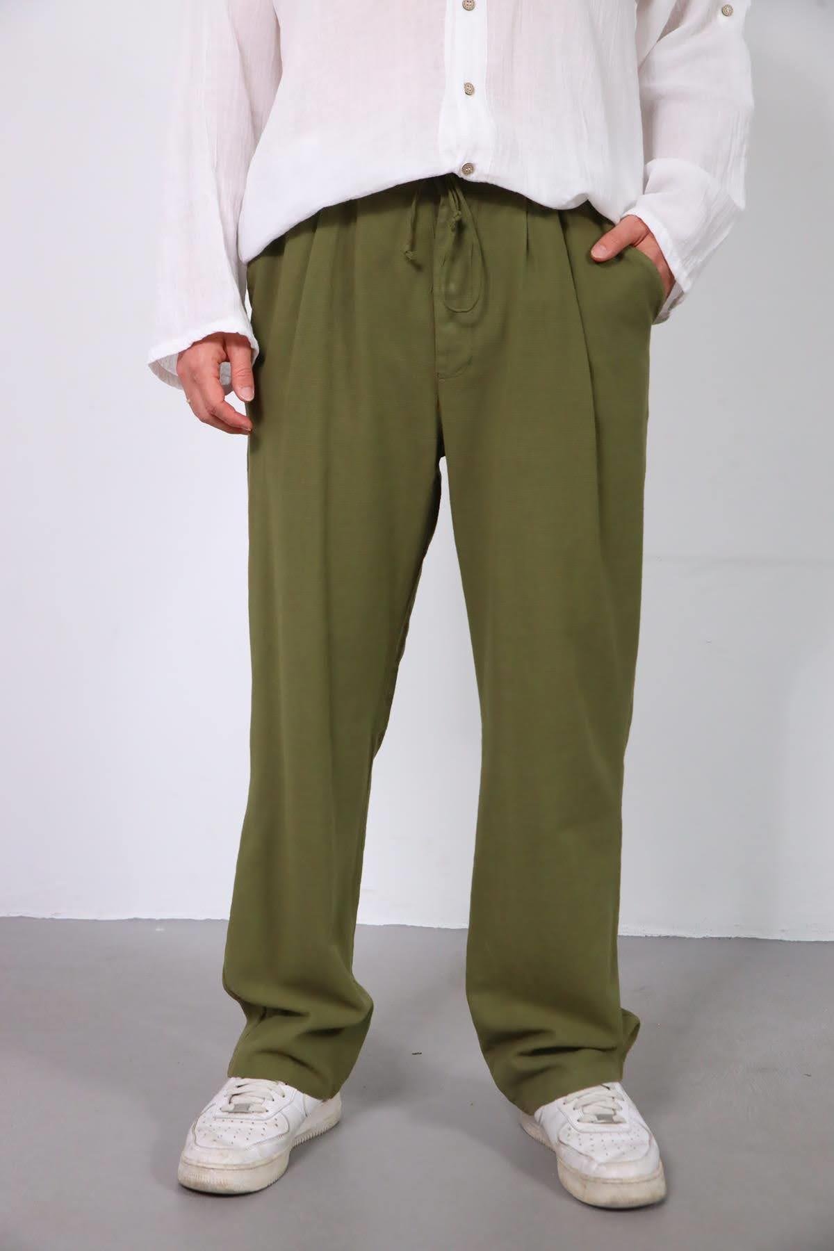  Haki Beli Lastikli Pileli Pantolon
