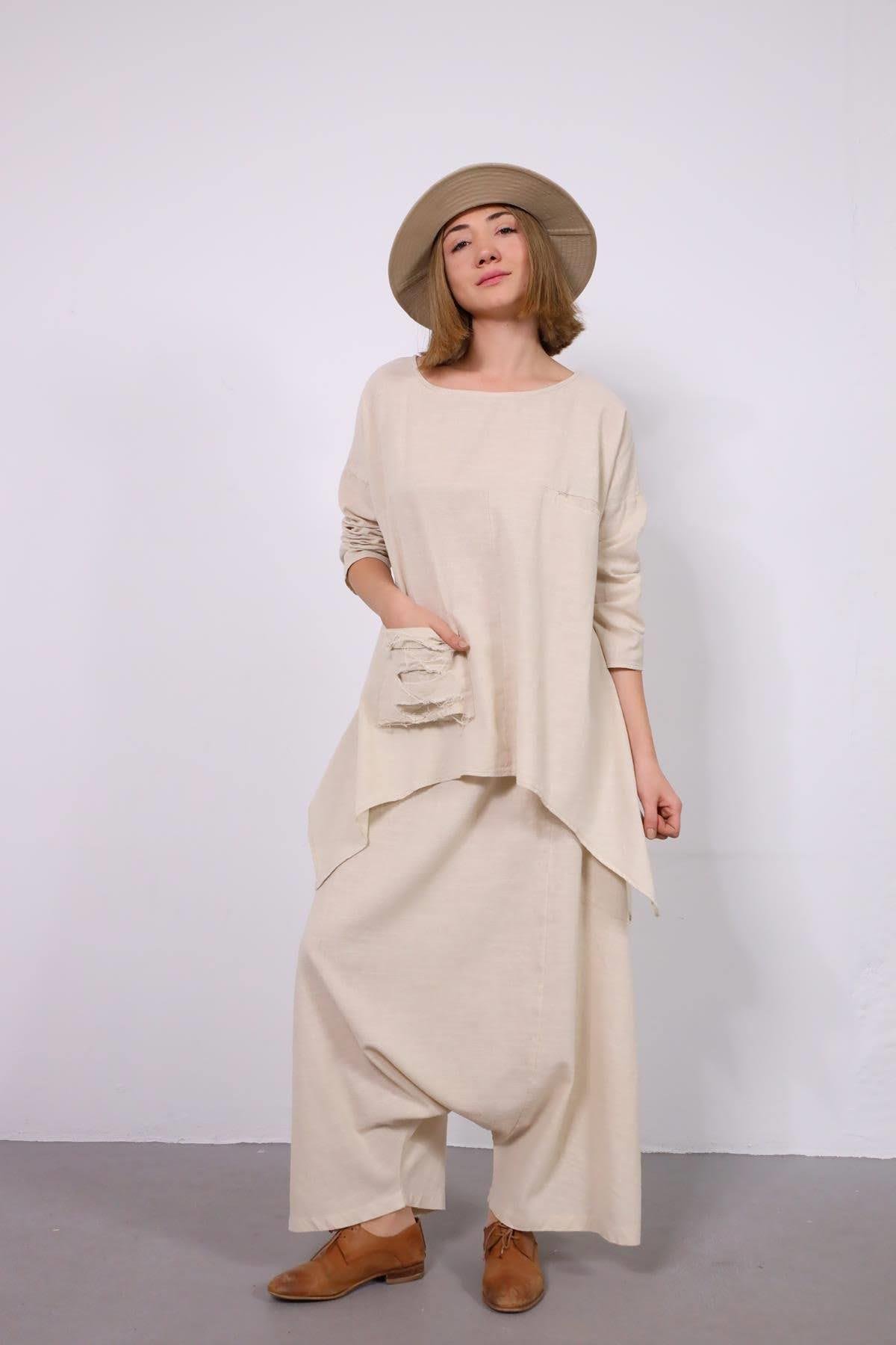  Krem Rengi Cebi Yırtık Detaylı Keten Şalvar