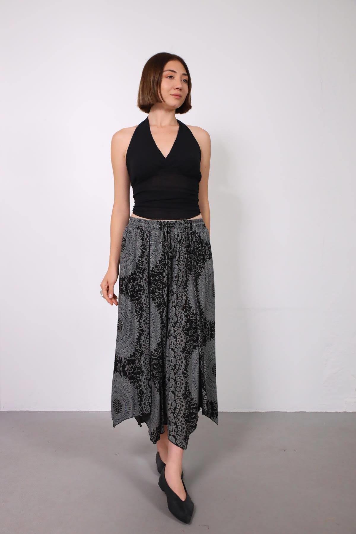 Grey Patterned Elastic Waist Asymmetrical Trousers - Saman Butik | Shop Online Grey Patterned Elastic Waist Asymmetrical Trousers