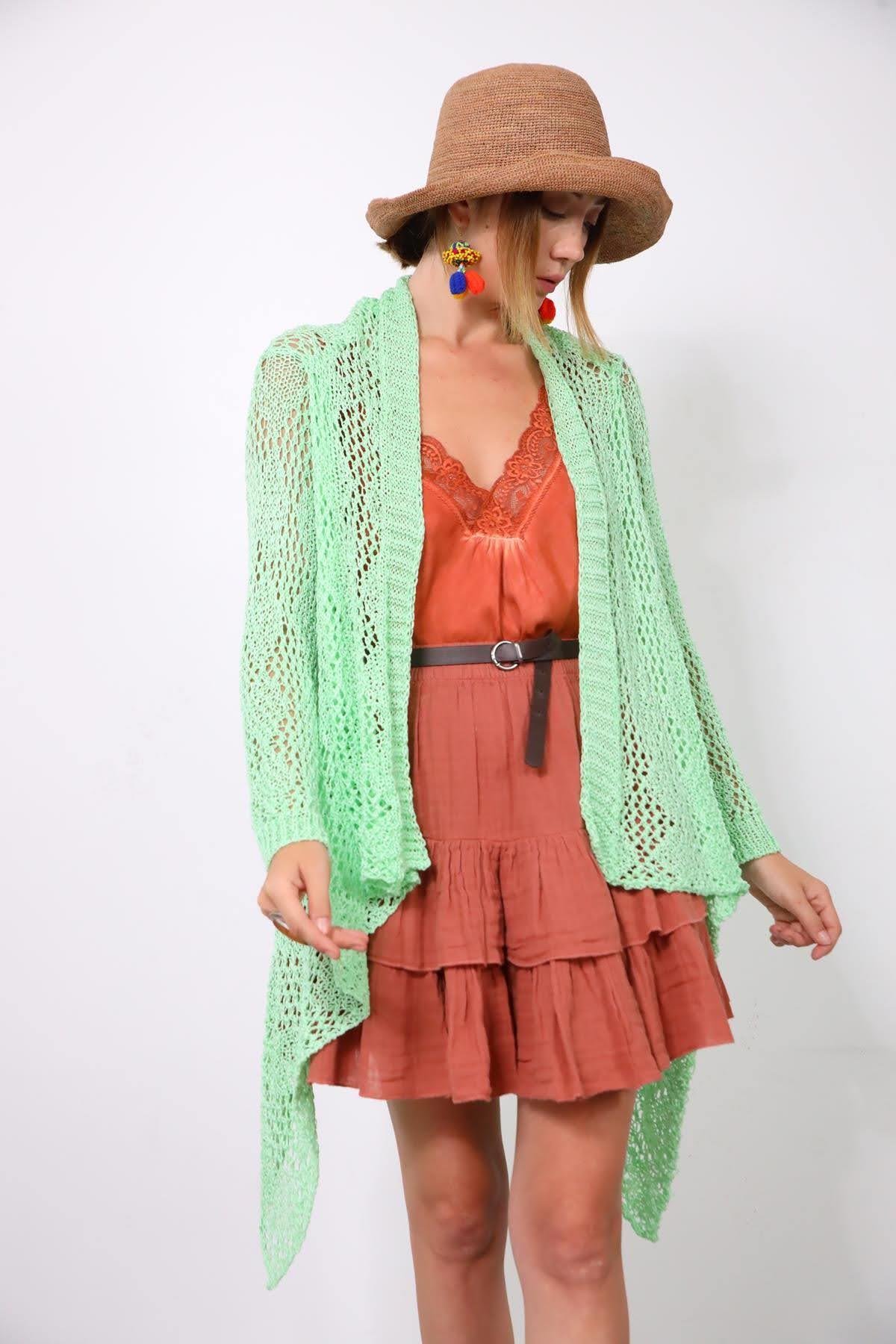  Su Yeşili Şal Yaka File Hırka