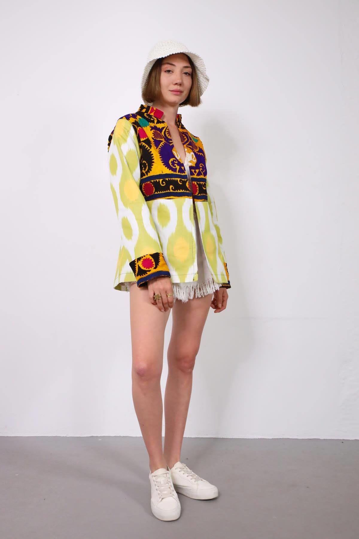 Fıstık Yeşili Suzani Kısa Kaftan - Şaman Butik Fıstık Yeşili Suzani Kısa Kaftan