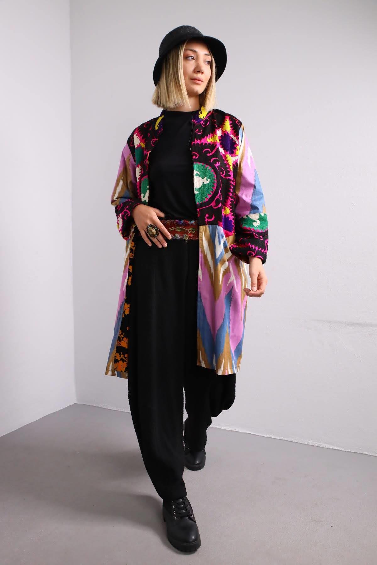  Renkli Suzani Kısa Kaftan