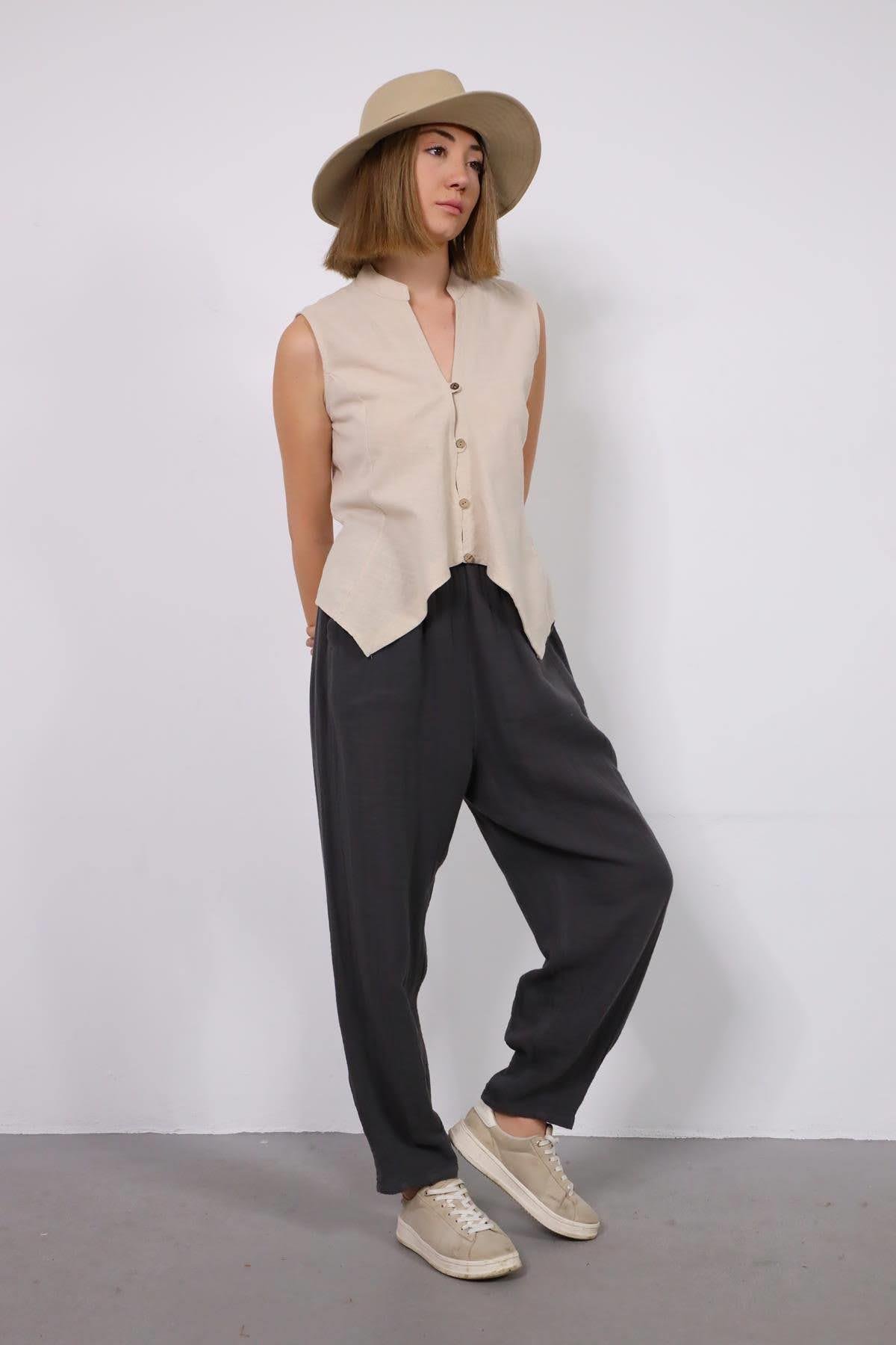 Antrasit Paçası Pileli Müslin Pantolon - Şaman Butik Antrasit Paçası Pileli Müslin Pantolon