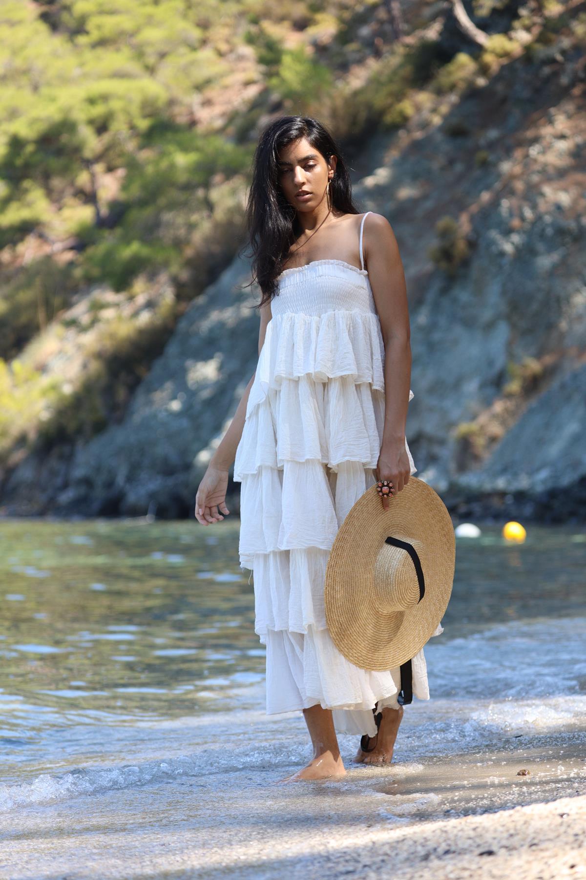  Ekru Önü Yırtmaçlı Kat Kat Bohem Elbise Etek