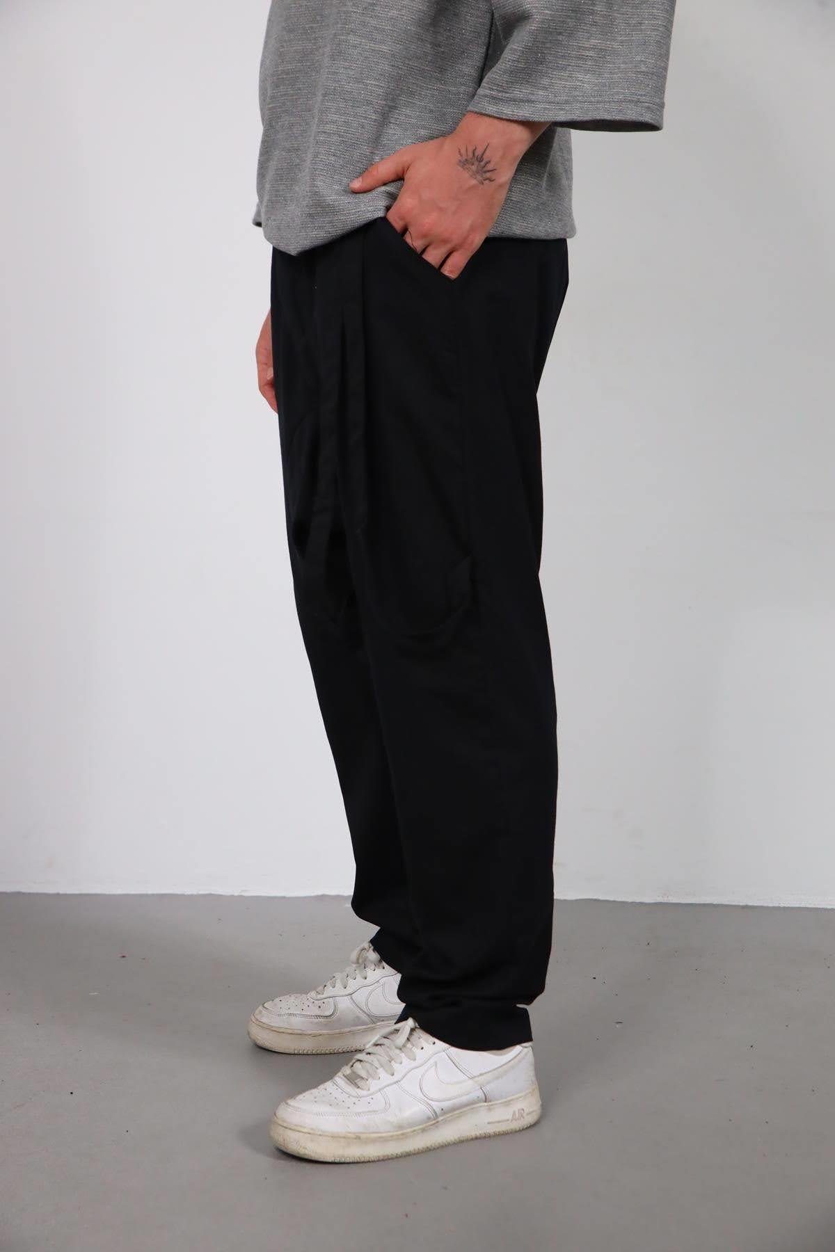  Siyah Düz Paça Kordon Detaylı Şalvar Pantolon