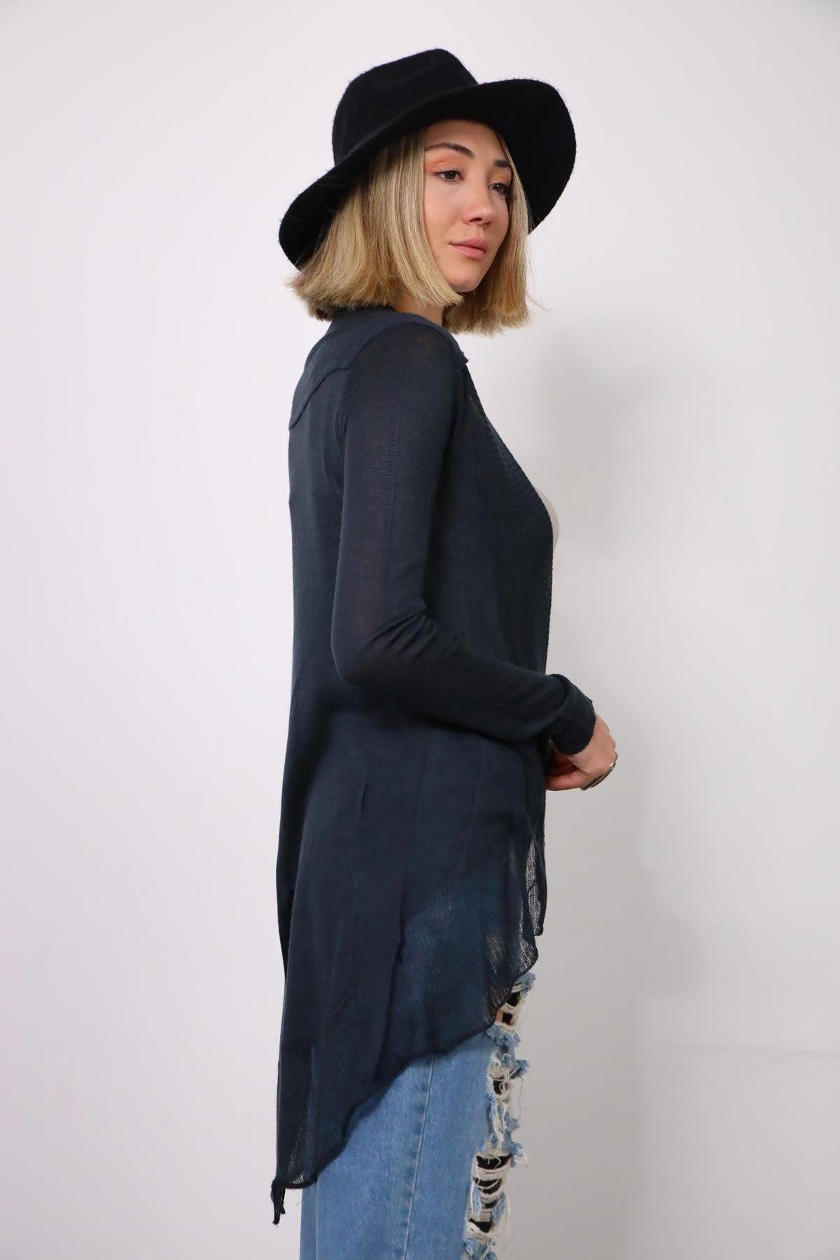 Antrasit Arkası Yırtmaçlı Asimetrik Kesim İnce Hırka - Şaman Butik Antrasit Arkası Yırtmaçlı Asimetrik Kesim İnce Hırka