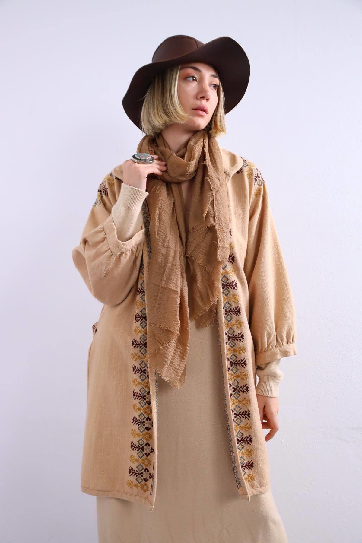  Camel Rengi Etnik Desenli Bohem Ceket