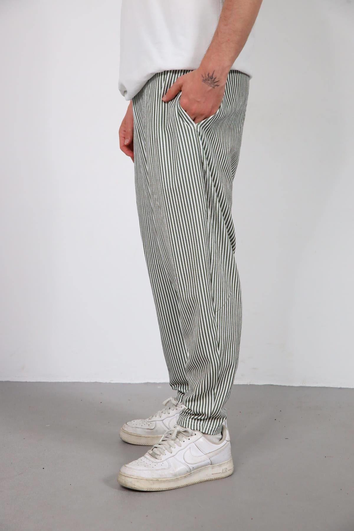  Haki Çizgili Dar Paça Erkek Pantolon