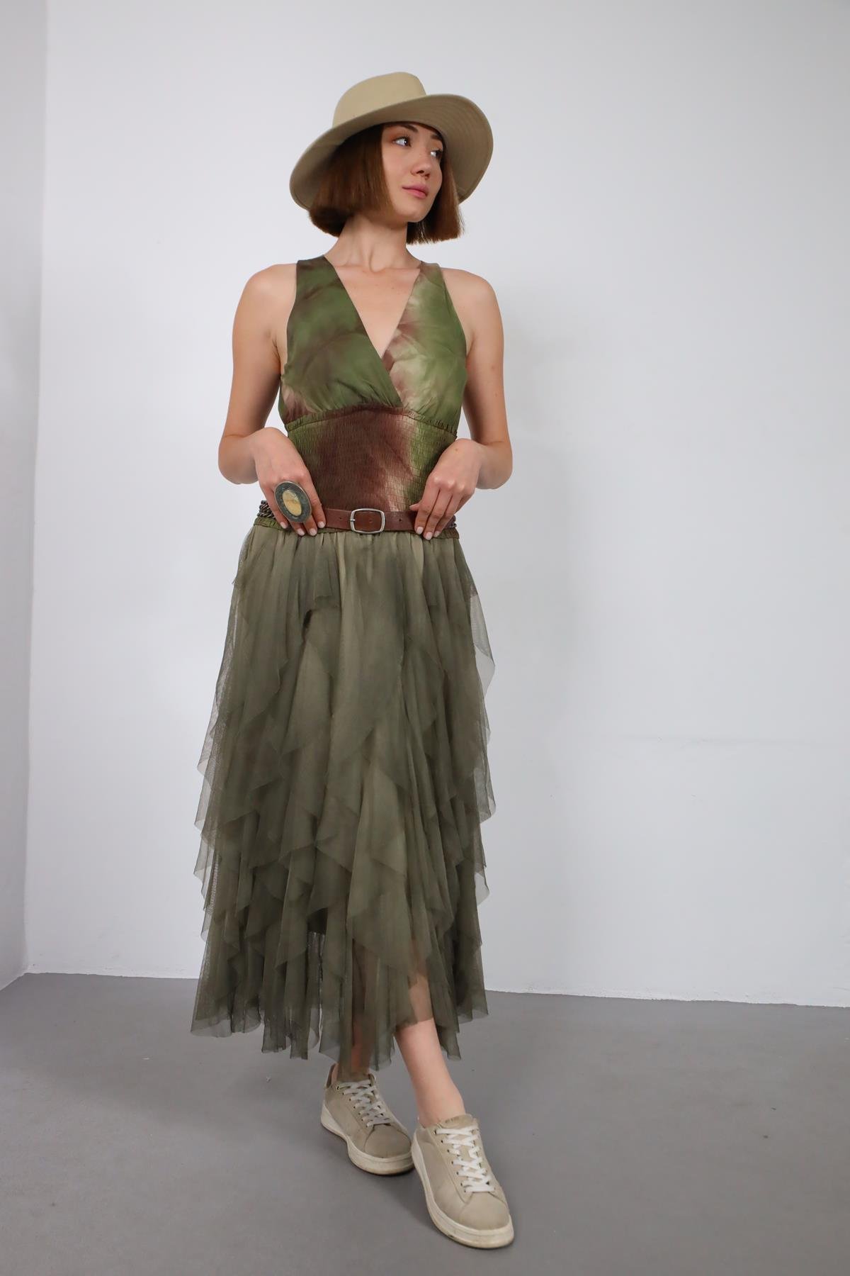  Haki Yağ Yıkama Volanlı Tül Etek