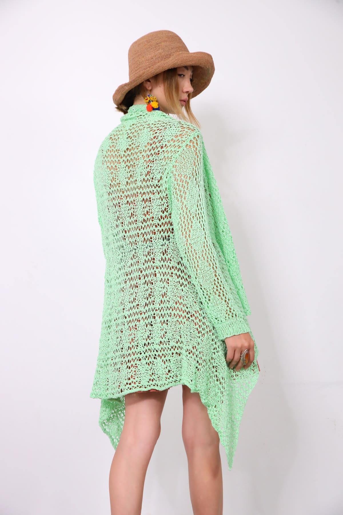  Su Yeşili Şal Yaka File Hırka