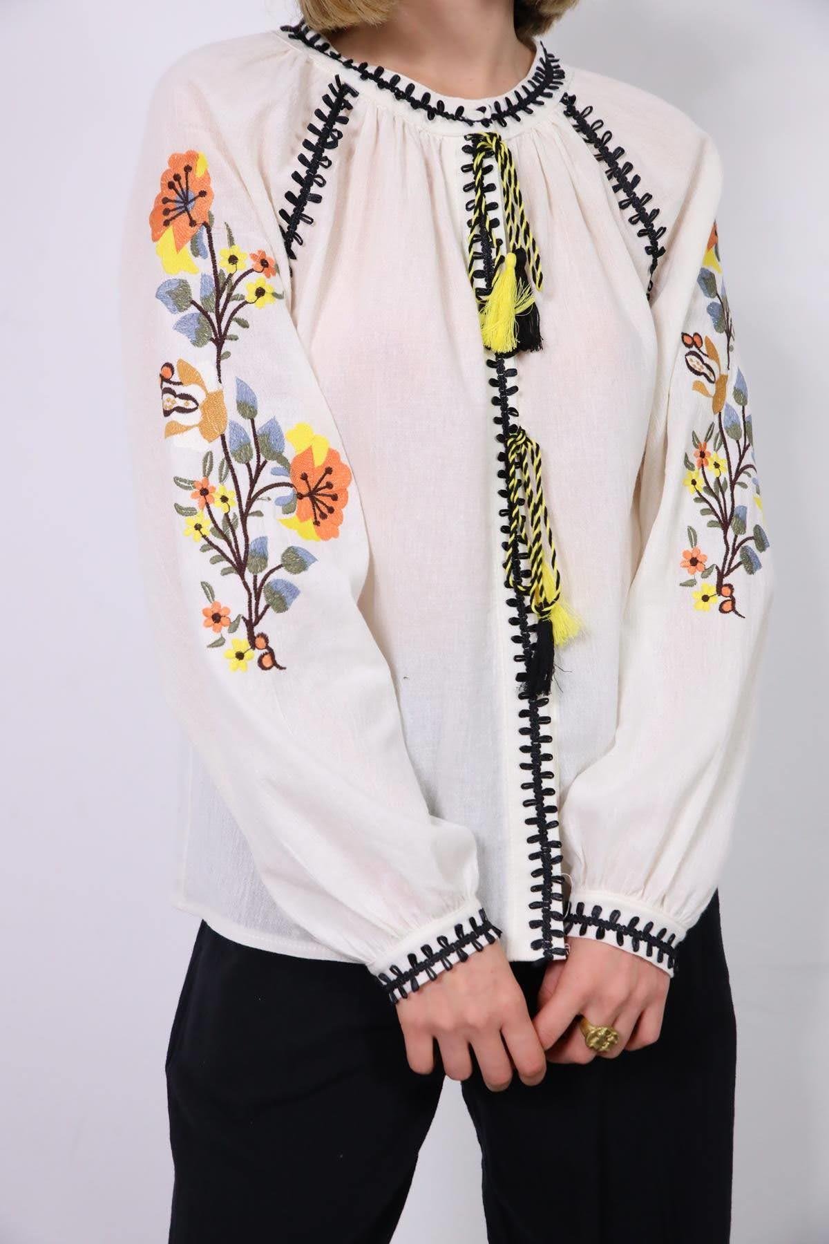 White Double Pompom Embroidered Sleeve Shirt - Saman Butik | Shop Online White Double Pompom Embroidered Sleeve Shirt