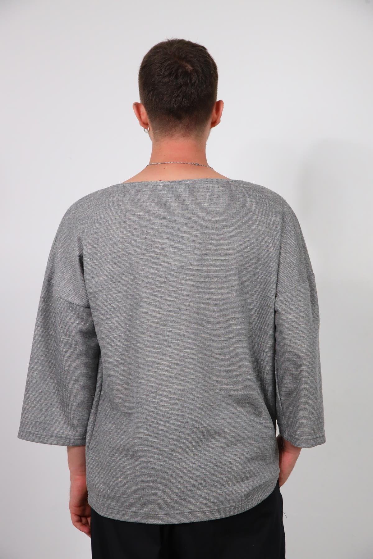  Gri Geniş Yaka Truvakar Kol Erkek Sweatshirt