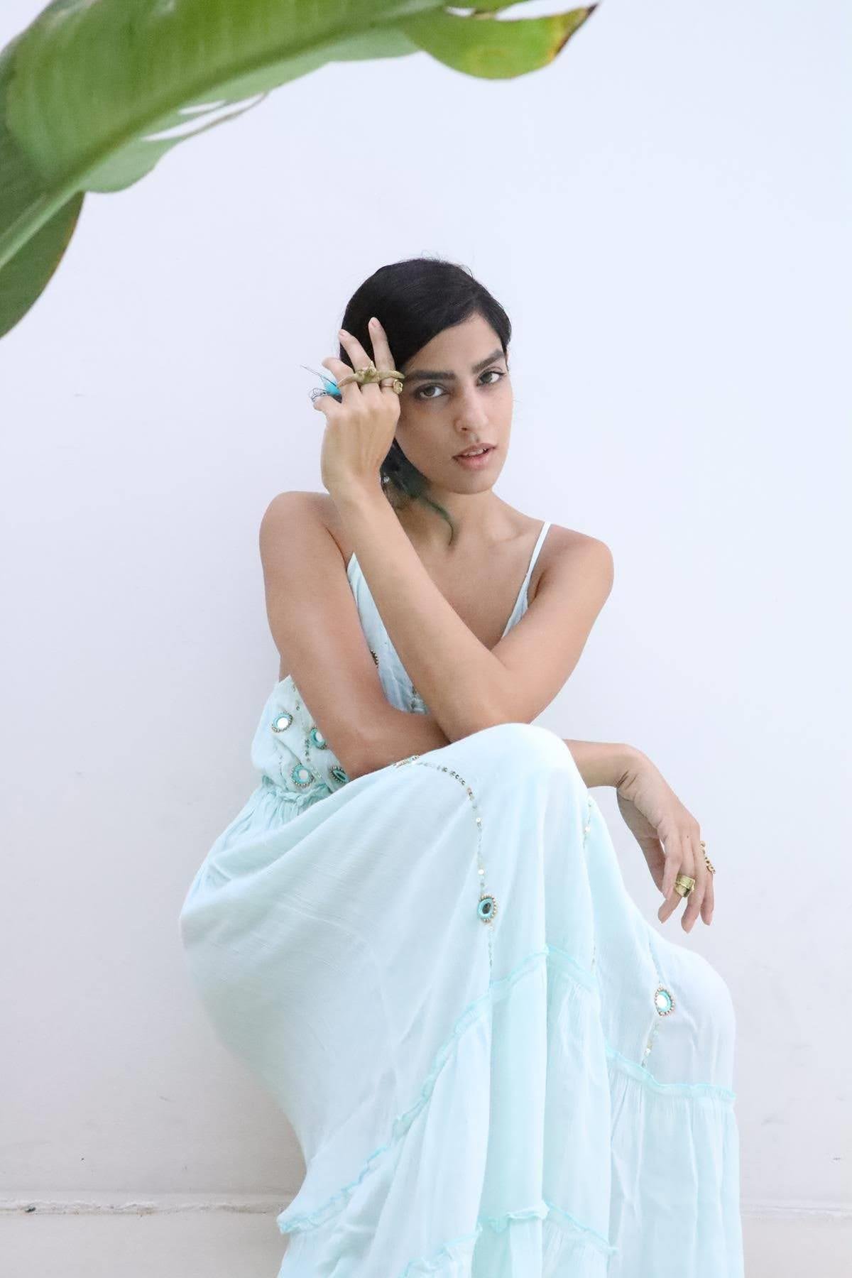 Gök Mavi Püsküllü Ayna Detaylı Askılı Bohem Elbise - Şaman Butik Gök Mavi Püsküllü Ayna Detaylı Askılı Bohem Elbise