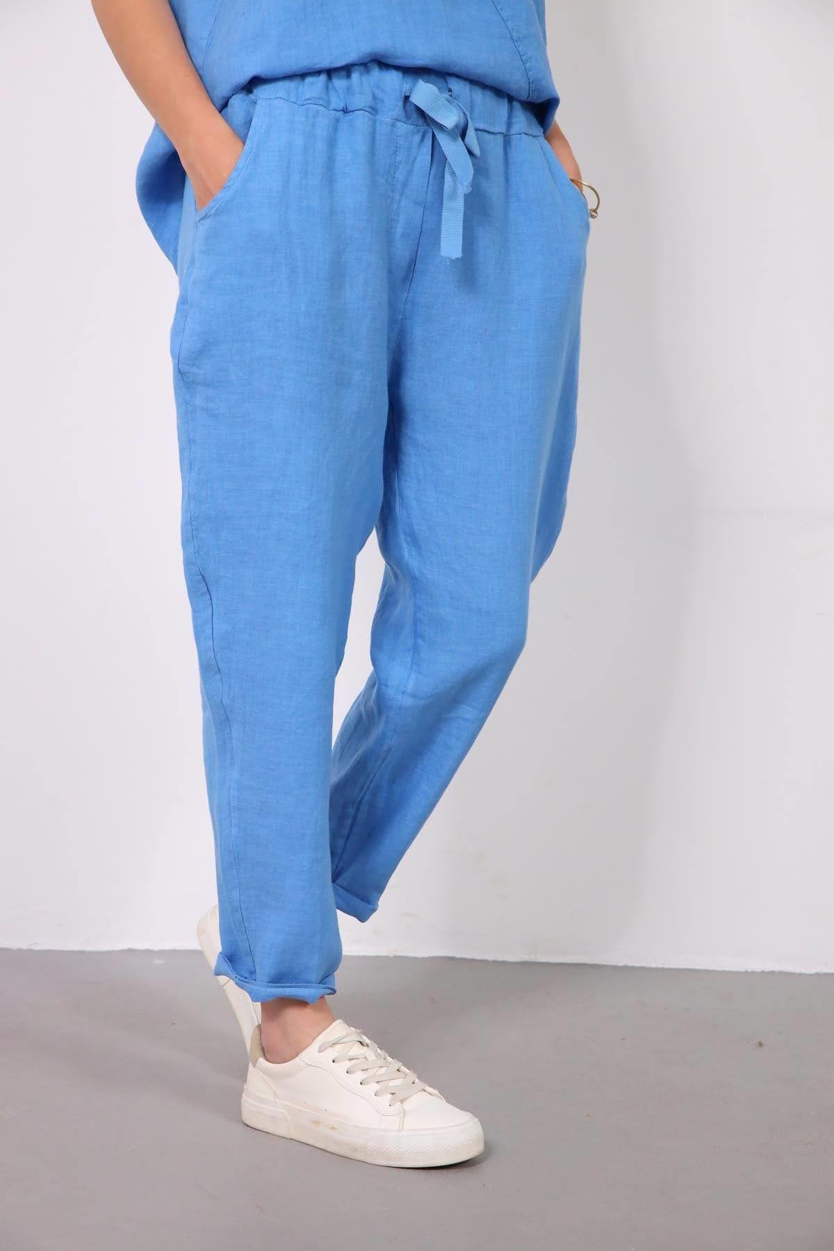  Mavi Dikişli Sıfır Kol Bluz ve Pantolon Keten Takım