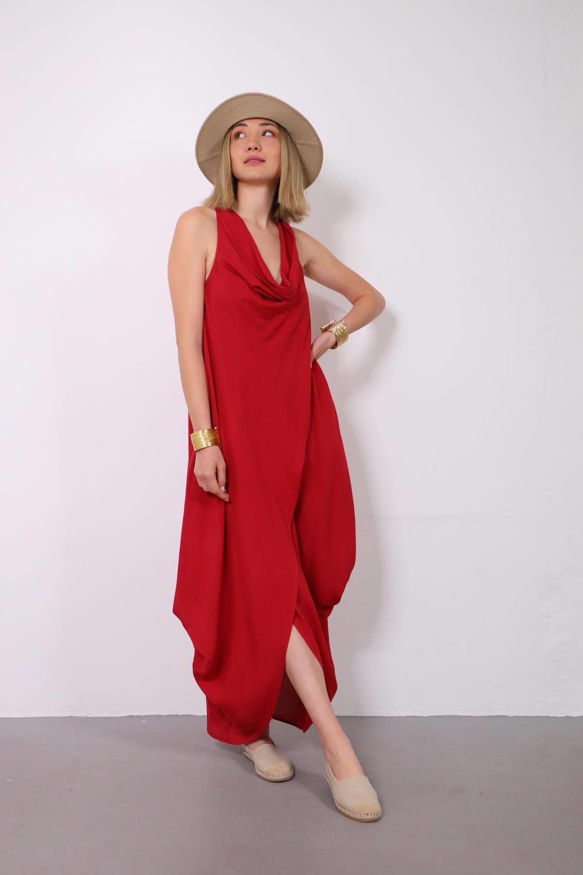 Kırmızı Degaje Yaka Otantik Elbise - Şaman Butik Kırmızı Degaje Yaka Otantik Elbise