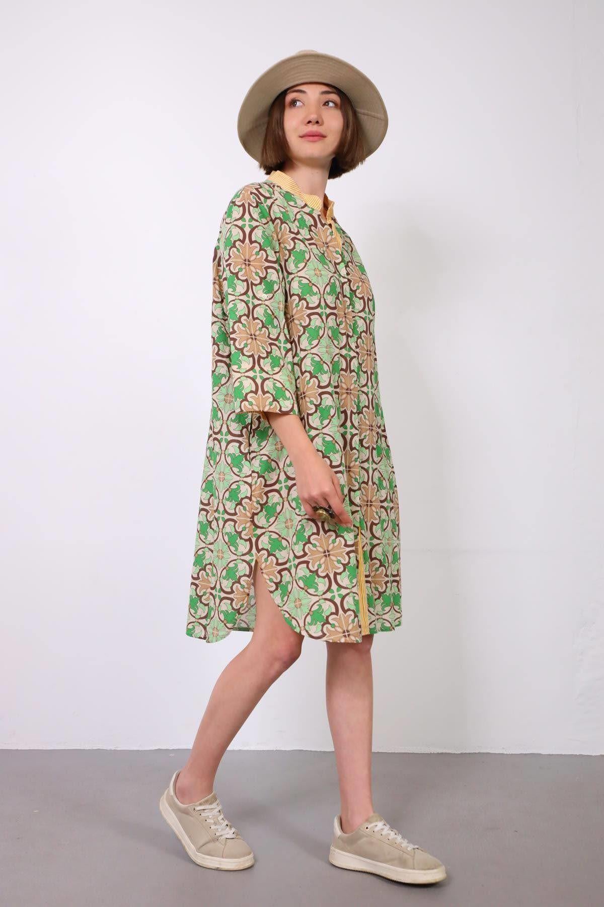 Yeşil Garnili Otantik Desenli Hakim Yaka Gömlek Elbise - Şaman BNutik Yeşil Garnili Otantik Desenli Hakim Yaka Gömlek Elbise