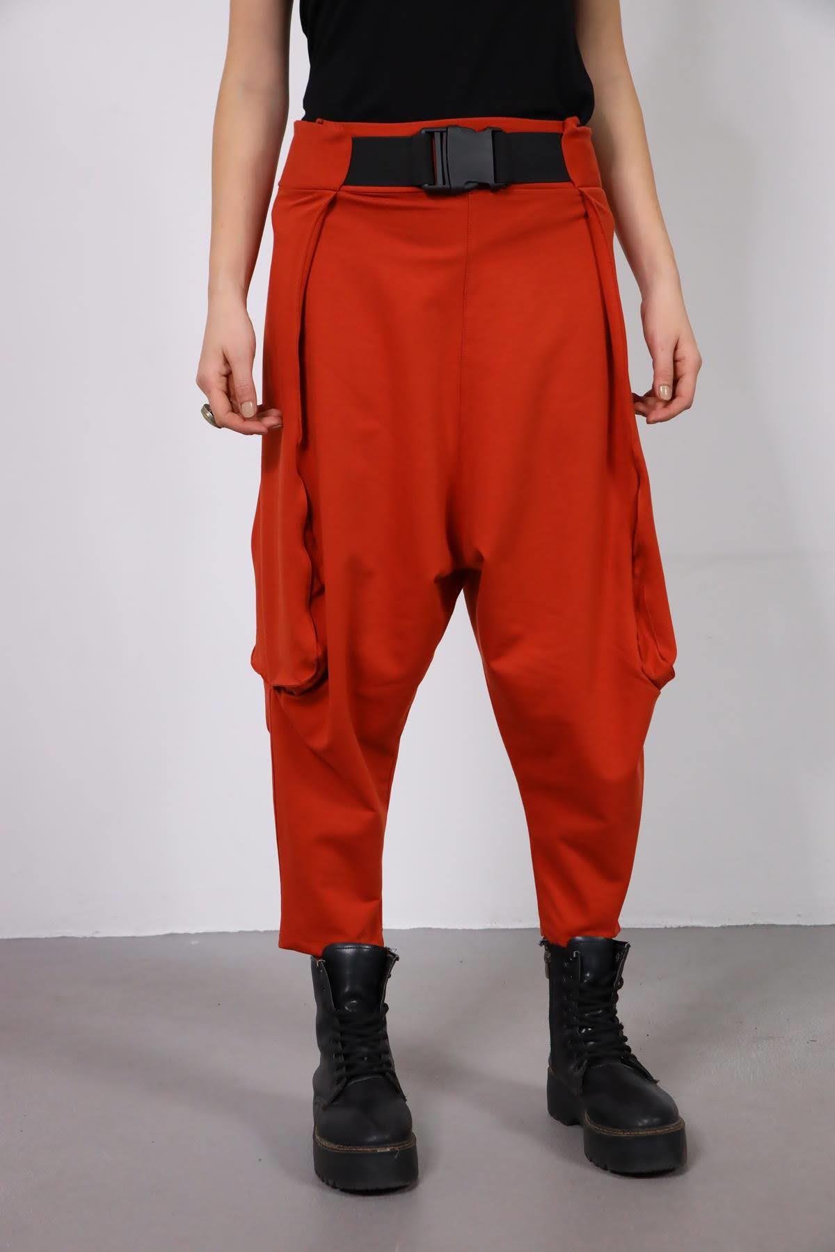 Brick Red Belted Drop Crotch Trousers - Saman Butik | Shop Online Brick Red Belted Drop Crotch Trousers