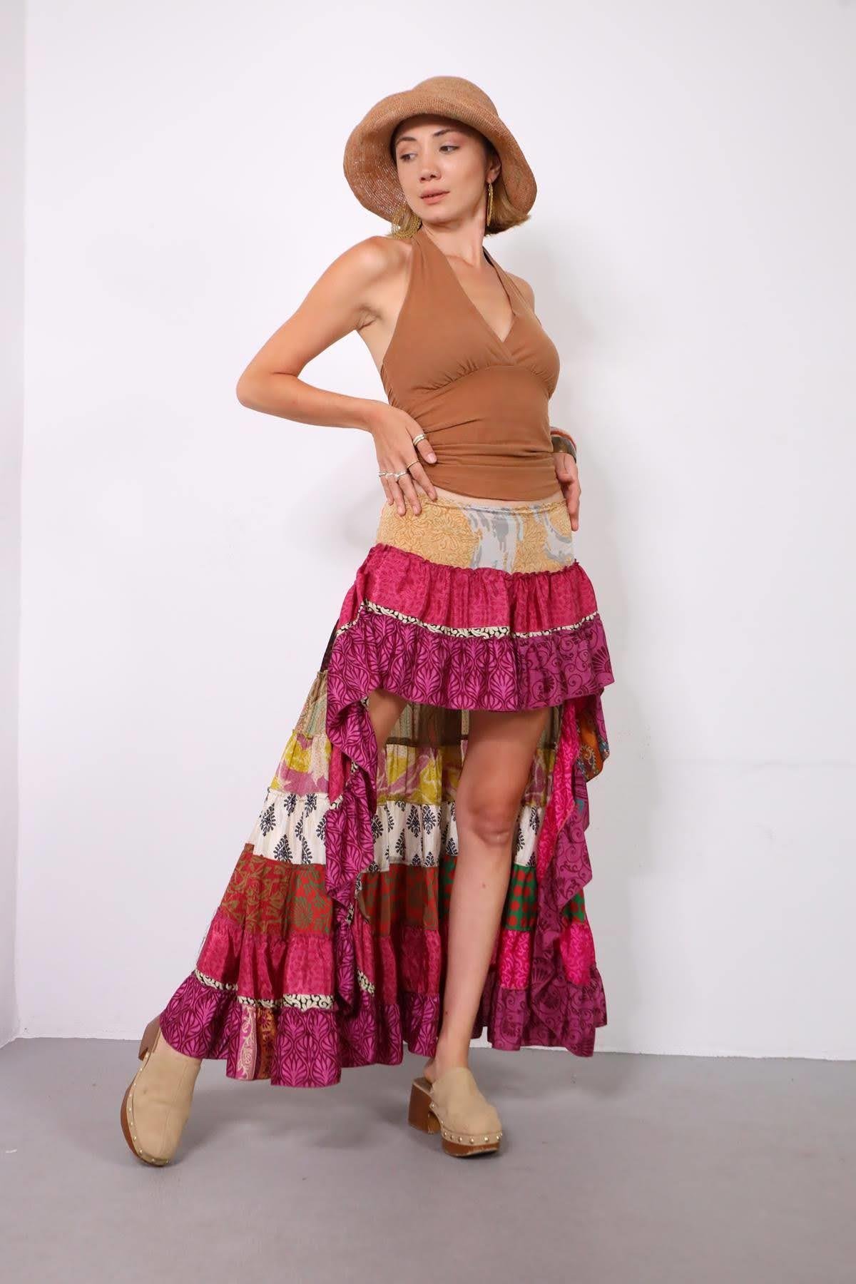 Renkli Volanlı Arkası Uzun Otantik Patchwork Etek - Şaman Butik Renkli Volanlı Arkası Uzun Otantik Patchwork Etek