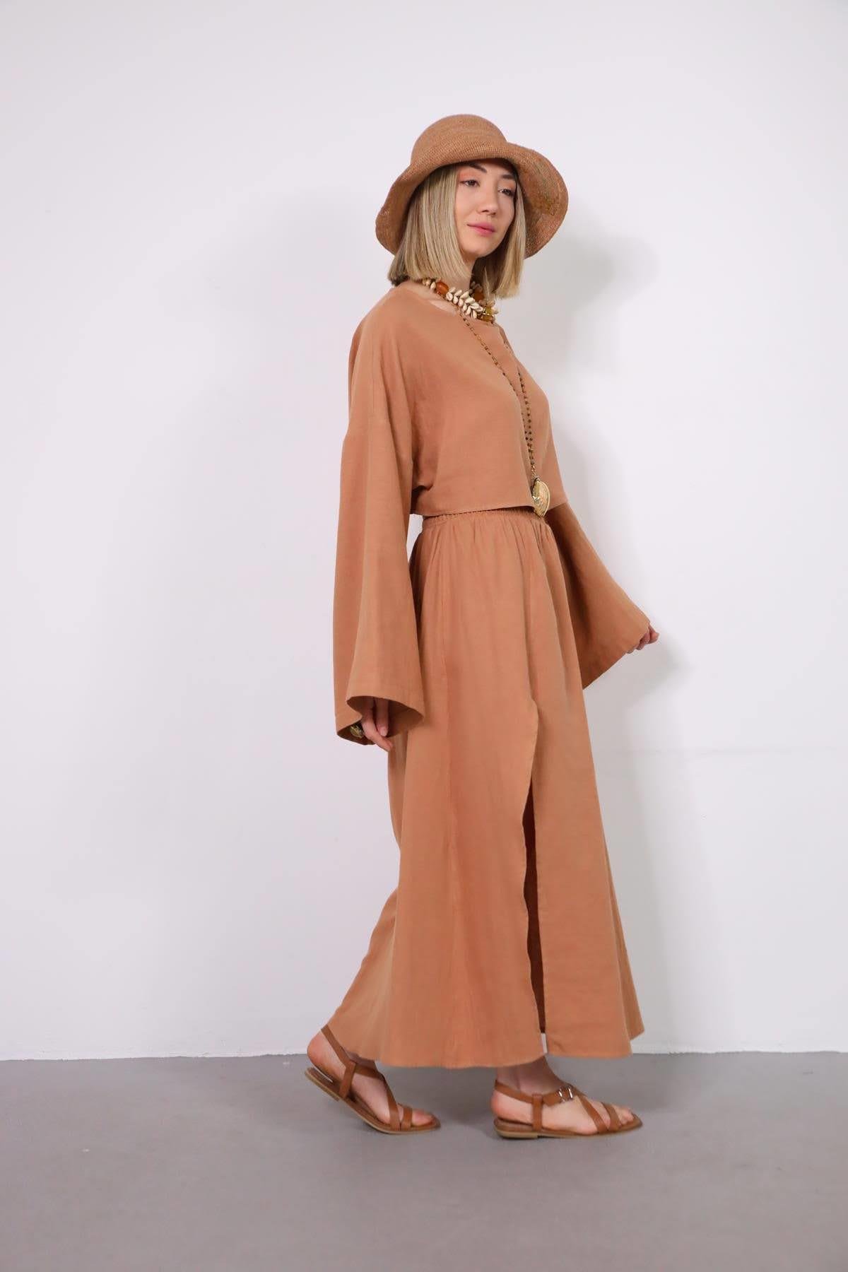  Somon Rengi Yırtmaçlı Etek ve Crop Takım